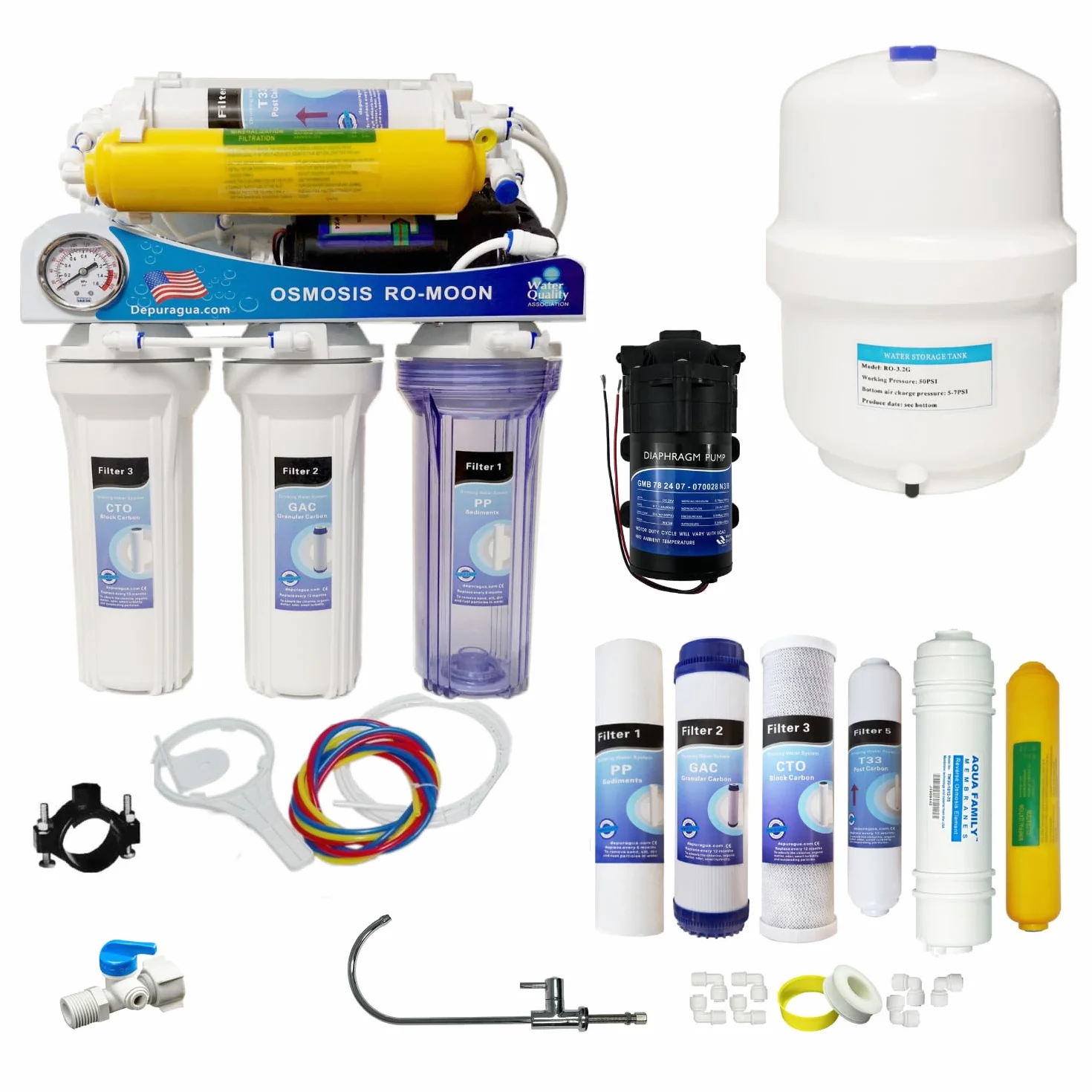 Depuragua - Impianto Osmosi Inversa Moon 75GPD a 6 Fasi | Pompa e Manometro Inclusi | Rubinetto Lux Monocomando | Sistema di Remineralizzazione | Accessori per Installazione Inclusi, Bianco, Metallo.