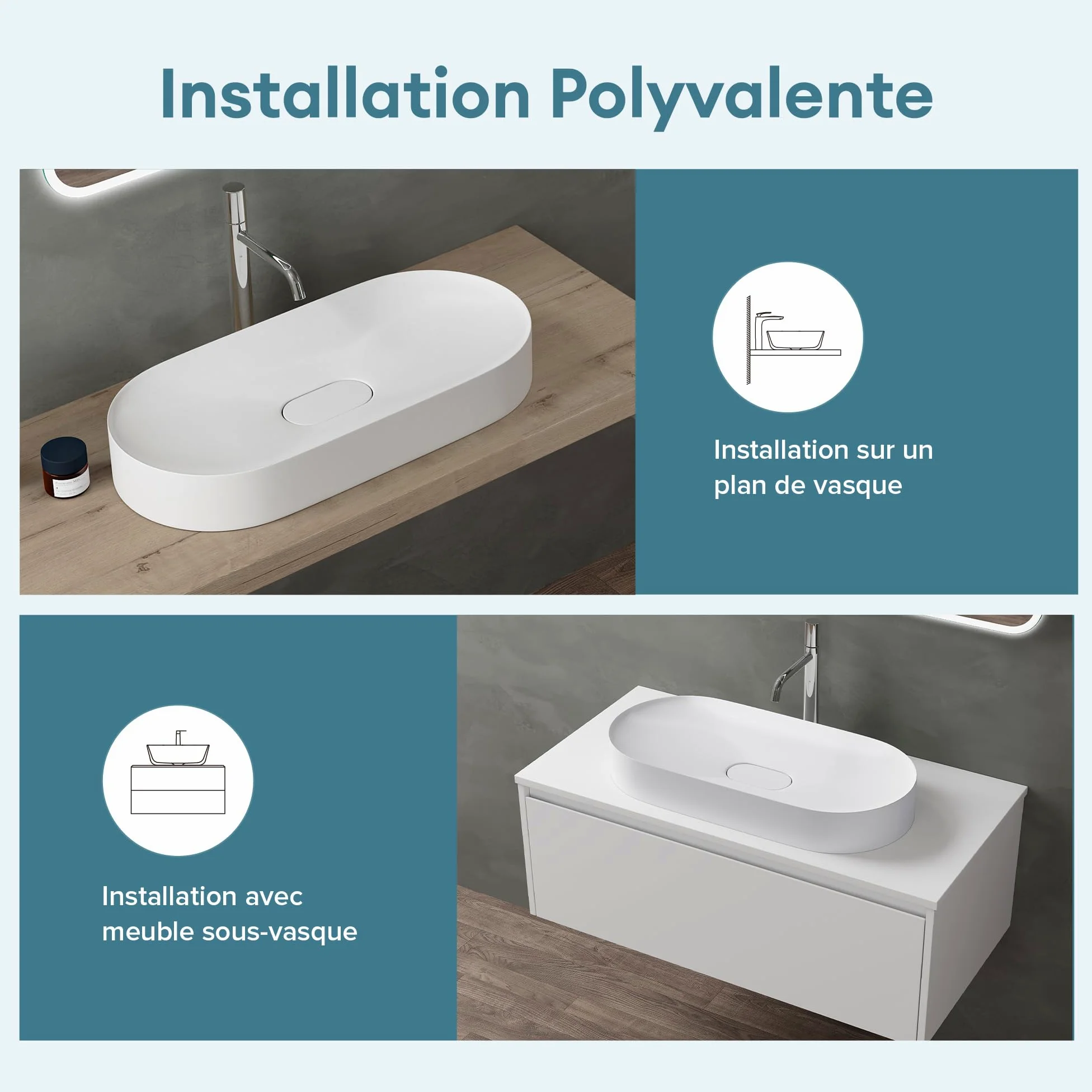 doporro Lavabo da Appoggio Lavandino Bagno 70 cm in Resina Minerale Bianco Opaco Effetto Loto, Senza Foro Rubinetto Colossum826
