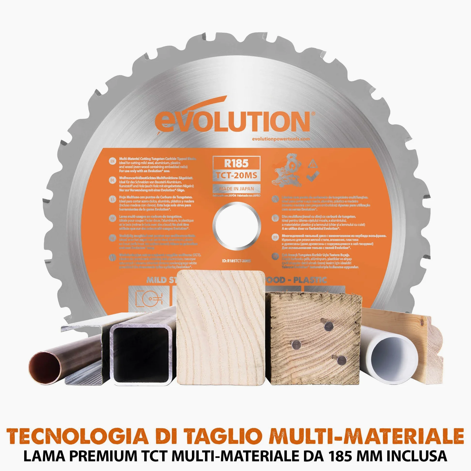 Evolution Troncatrice composta a batteria R185CMS-Li da 185 mm 18 V Li-Ion EXT Inc Lama multimateriale