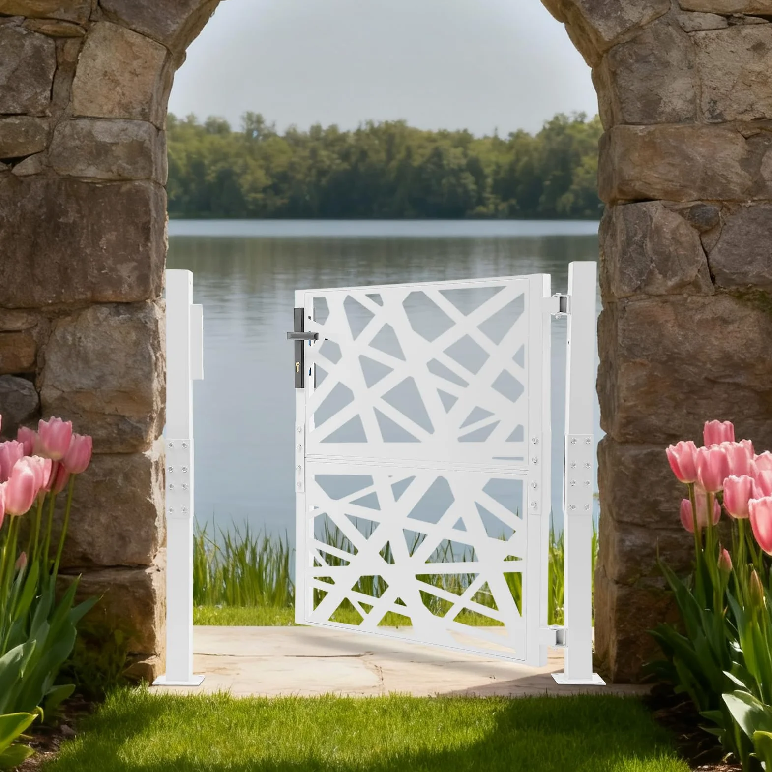 Cancello da giardino in metallo, porta da giardino in acciaio, chiudibile a chiave, cancello del cortile e cancello d'ingresso per giardino, terrazza e vialetto con design a motivo geometrico forato