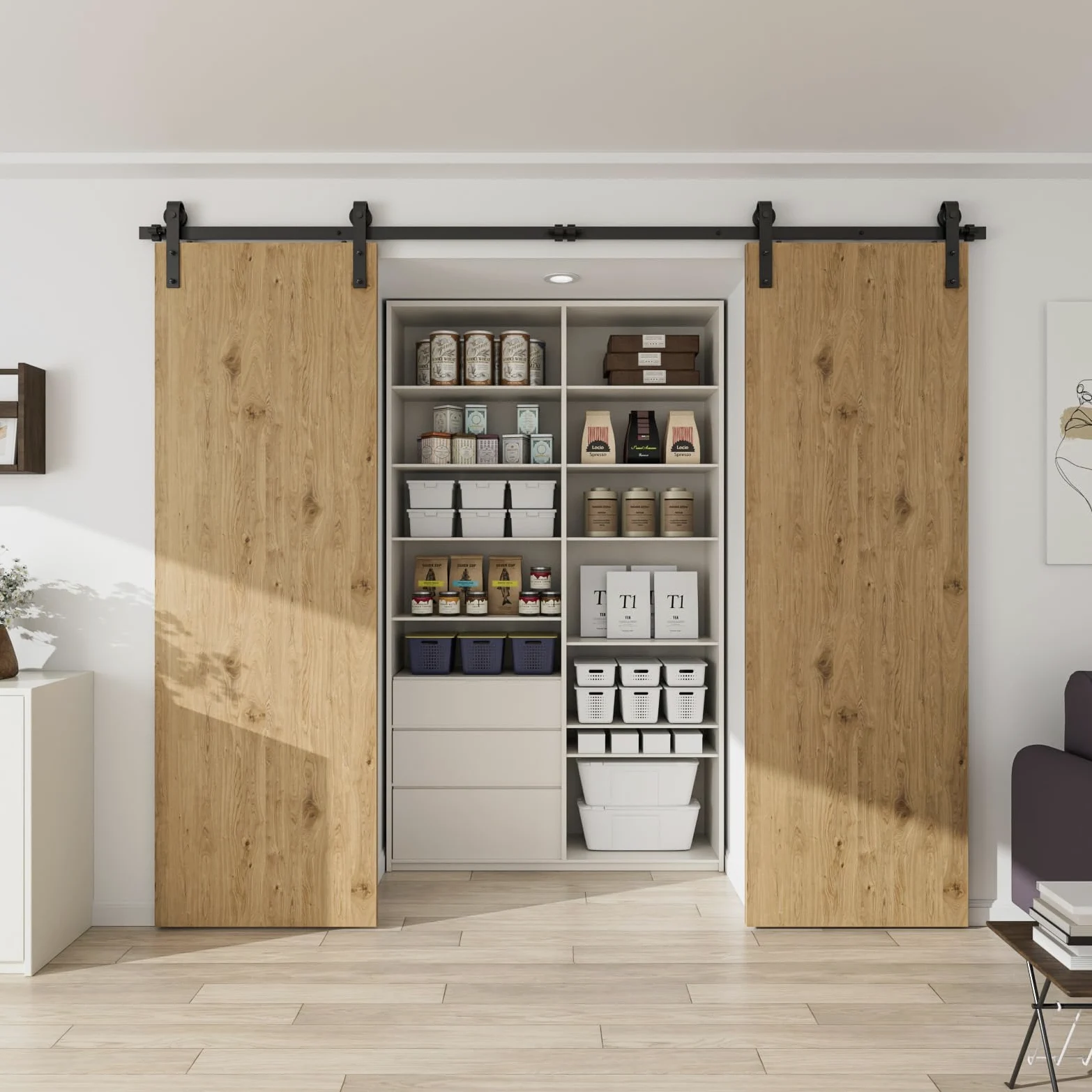 CCJH Binario per Porta Scorrevole Kit Doppia Anta Esterno Muro 6.6FT-203cm in Stile Rustico Classico Rulli Forma Hardware in Acciaio al Carbonio Nero