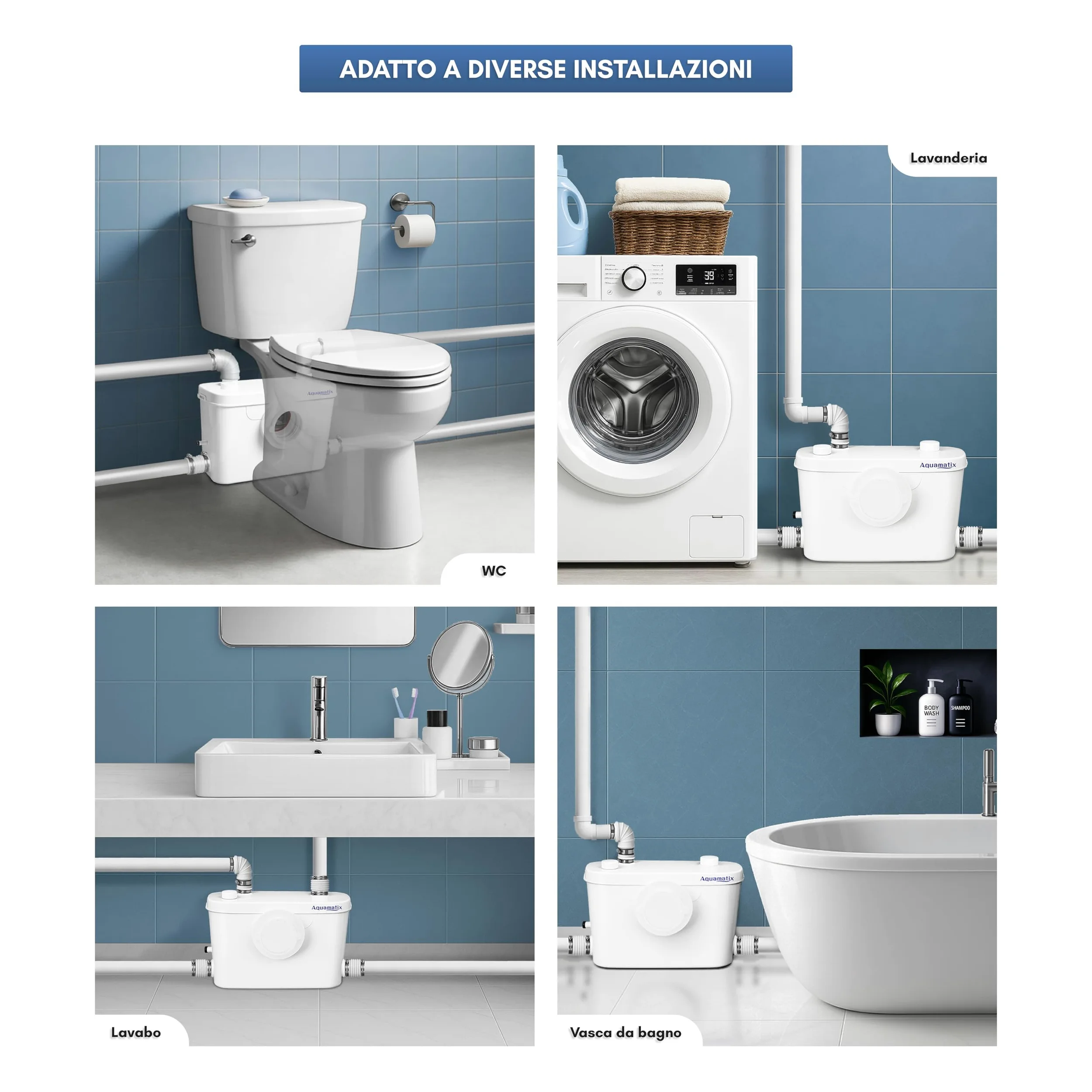 Aquamatix Trituratore Pompa Maceratore 400W Sistema di Sollevamento 100L/min 6,5m Distanza di pompaggio verticale con 3 ingressi per WC, Lavandino e Vasca da bagno con Filtro a carbone