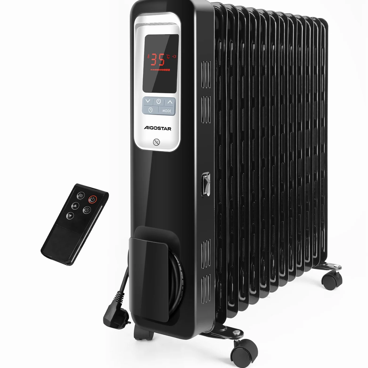 Aigostar Oil Monster 33JHH -Radiatore ad olio da 2500W. Radiatore elettrico 13 elementi con schermo a LED, Telecomando a distanza. Design esclusivo.