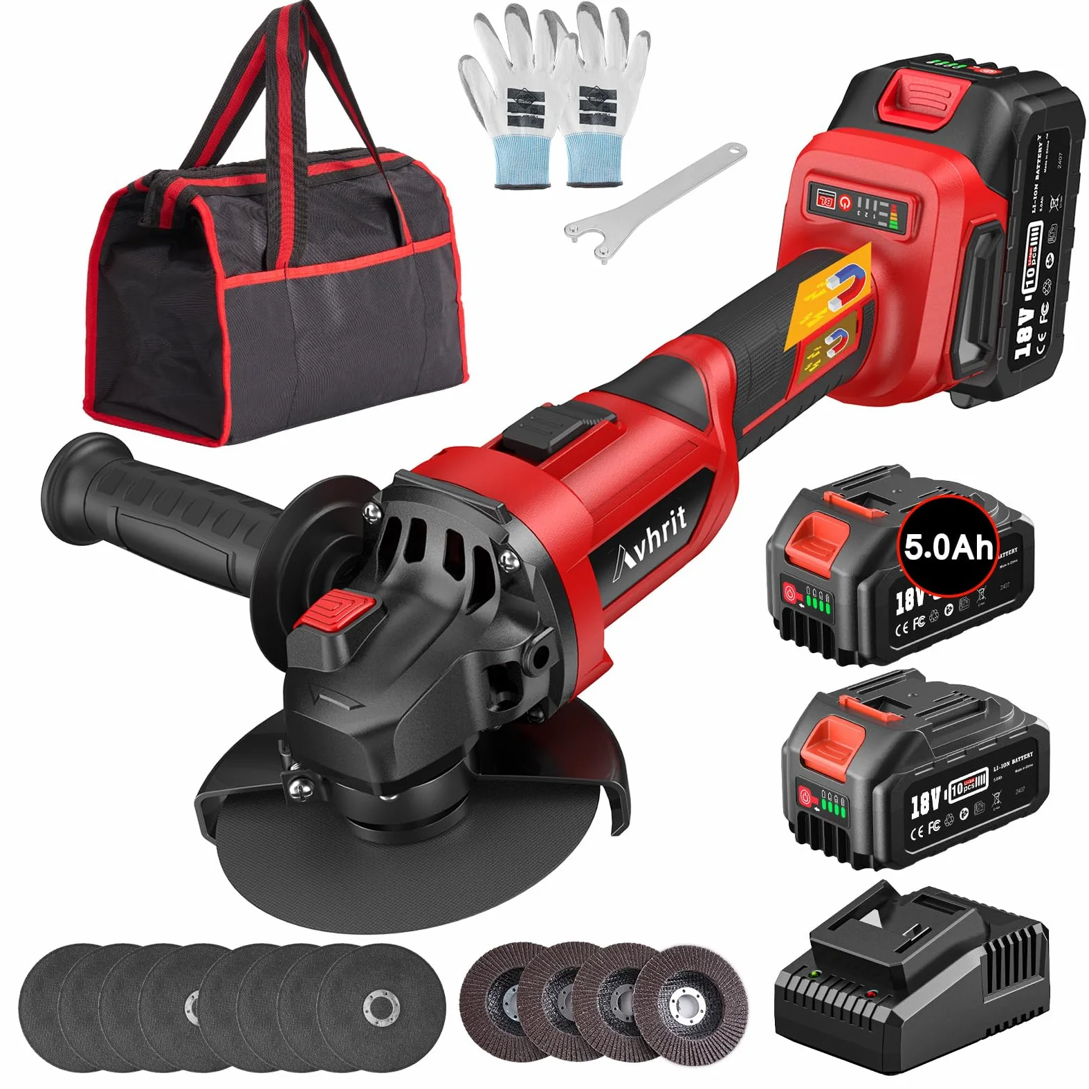 Smerigliatrice angolare a batteria con 2 x 5,0 Ah, 9500 giri/min, smerigliatrice angolare da 125 mm, senza spazzole, batteria Flex con dischi da taglio, mola per taglio, rimozione della ruggine