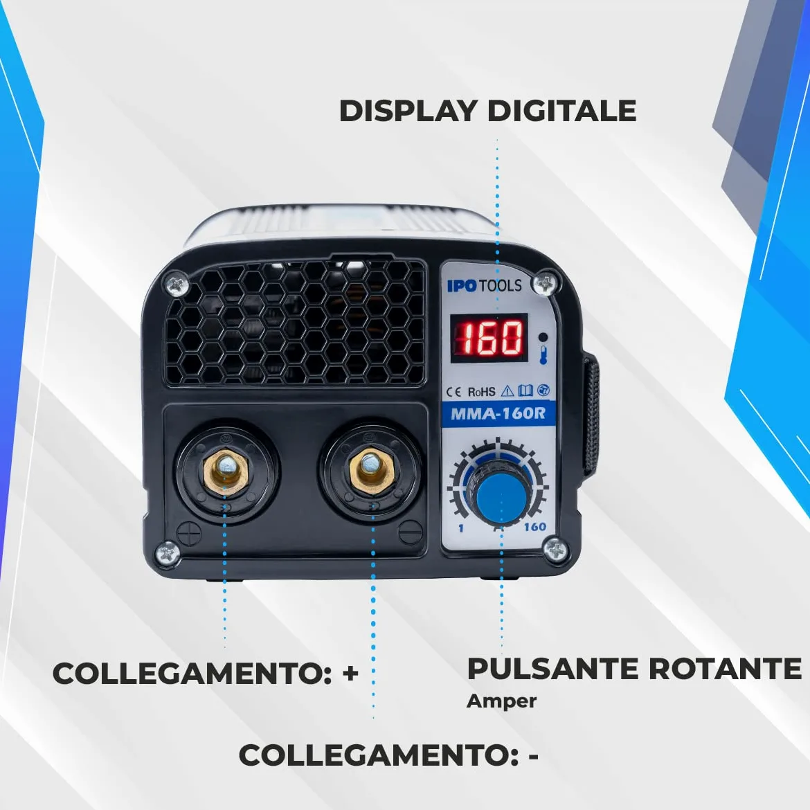 Saldatrice ad arco IPOTOOLS MMA-160R - Saldatrice ad arco DC MMA Inverter con 160 A/Display digitale / 230 V/Antistick/Hot Start/Arc-Force / 7 anni di garanzia