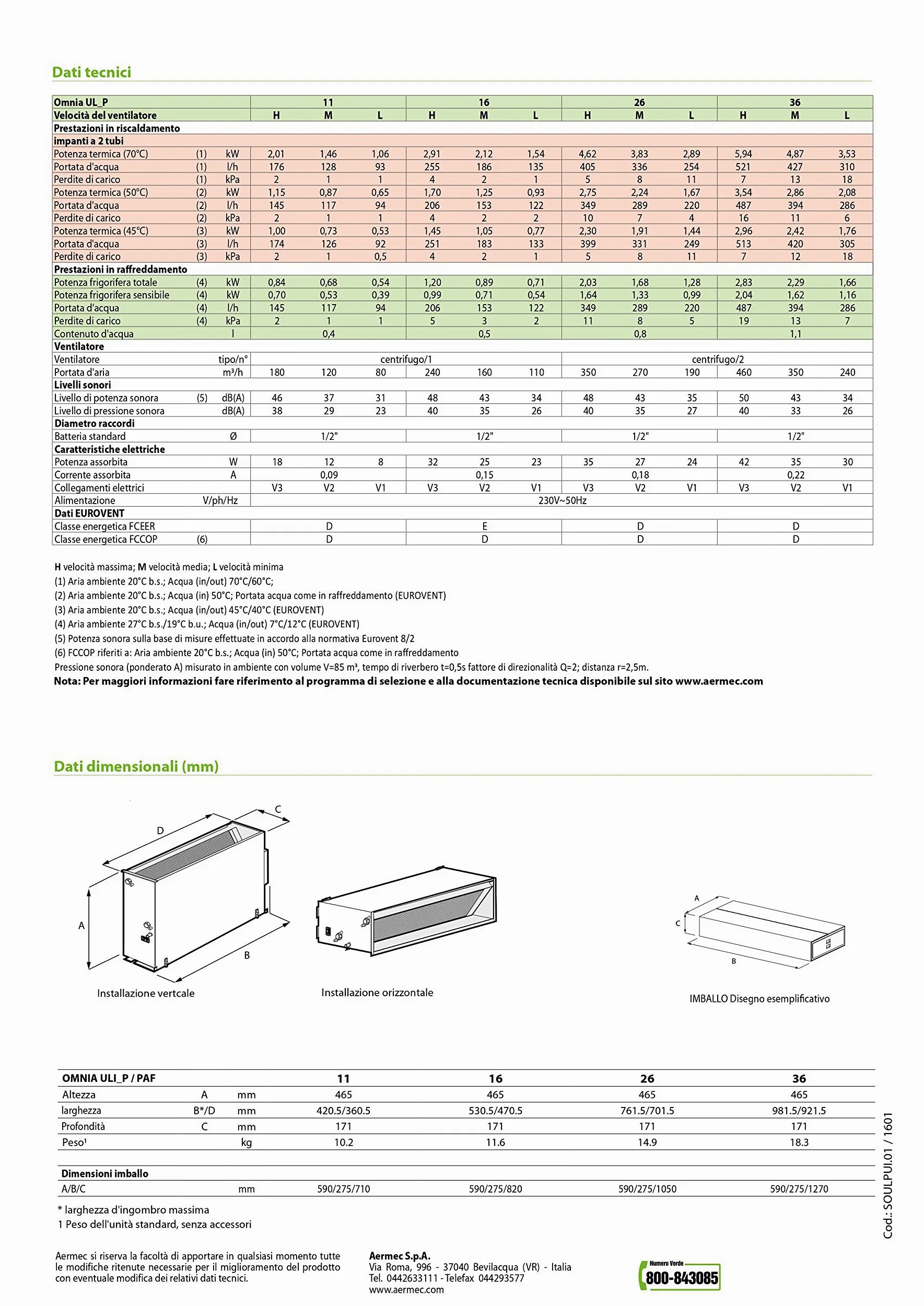 Ventilconvettore/fancoil aermec OMNIA UL 11 P