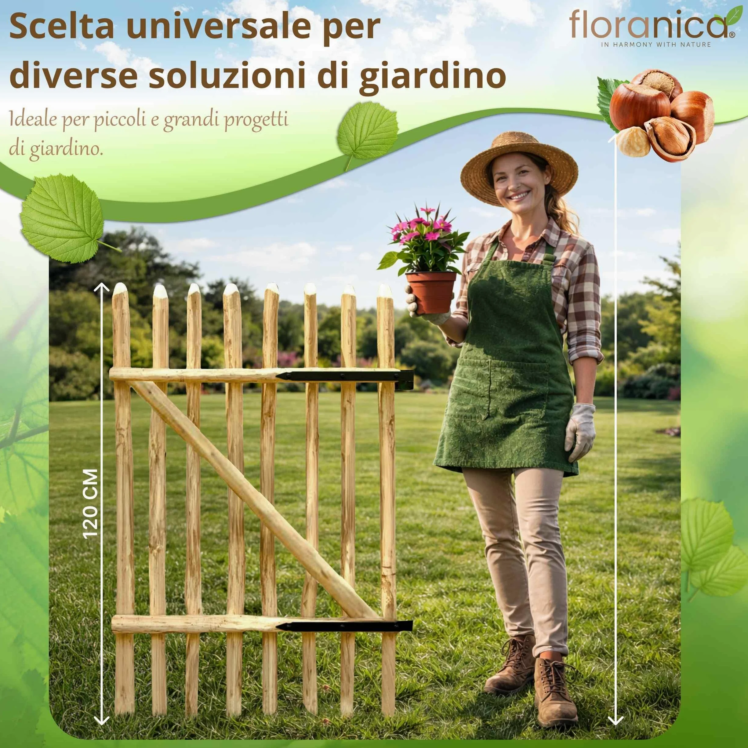 Floranica Cancello da giardino in legno di nocciolo per recinzione a paletti Altezza 115 cm x 100 cm 1 anta – pronto al montaggio incl. cerniere