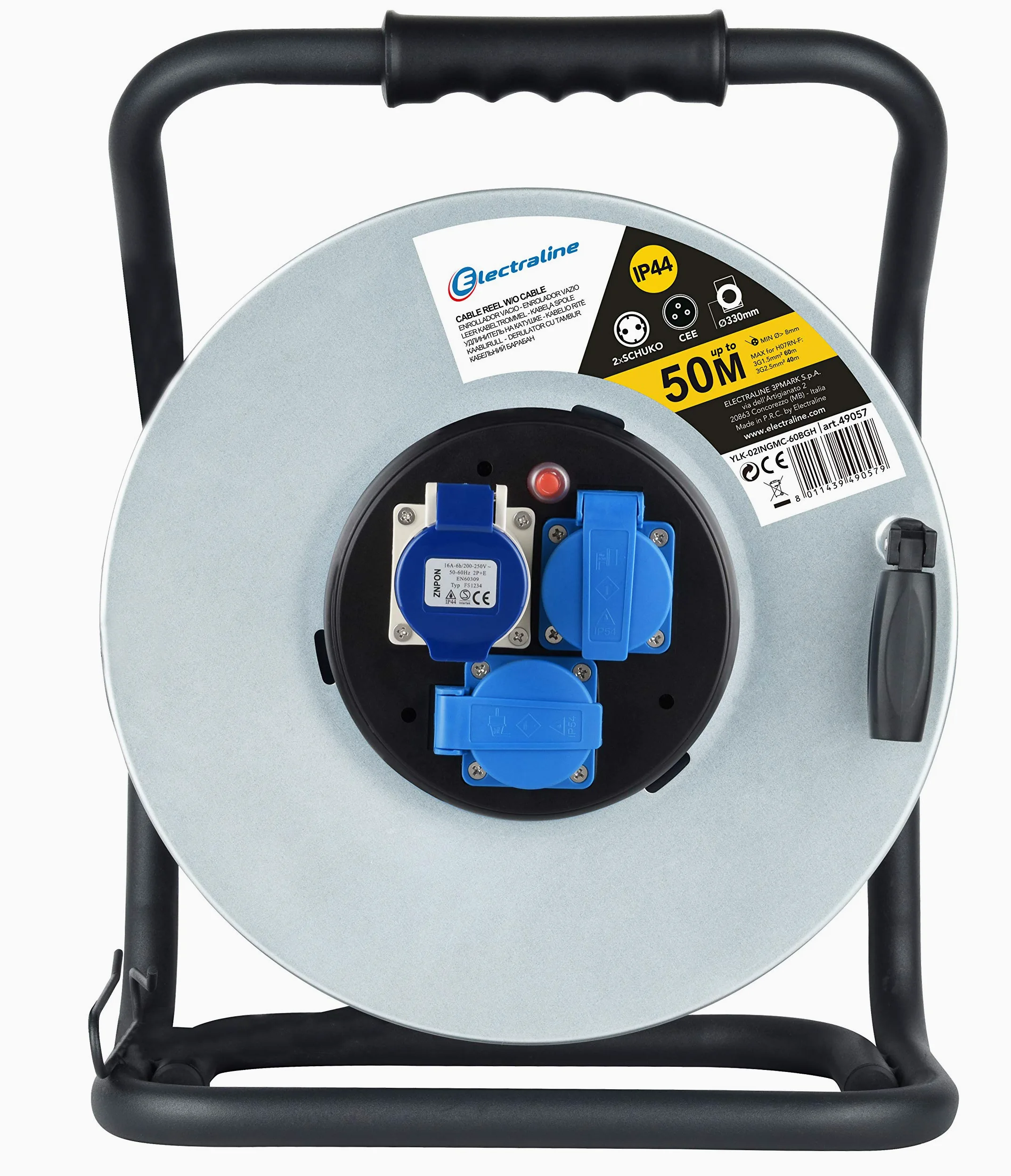 Electraline 49057 Avvolgicavo, Avvolgi-Prolunghe senza cavo in metallo antiruggine per uso Professionale, Con 2 prese Schuko + 1 industriale IEC. Maniglia eronomica + Pomello rotante