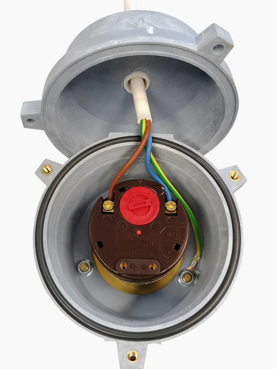 Resistenza elettrica corazzata 2 kW monofase con termostato a riarmo manuale regolabile fino a 82°C, 230 V