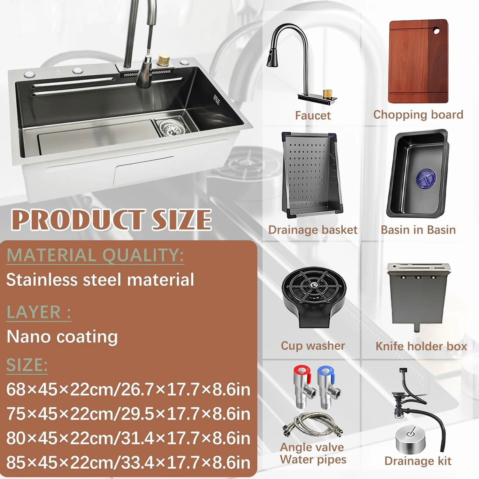 Lavello Da Cucina Multifunzionale In Acciaio Inox A Cascata, Lavello Da Postazione Di Lavoro Di Grande Capacità, Lavello A Vasca Singola Da Montare In Alto, Con Pomello Di Scarico E Accessori Completi