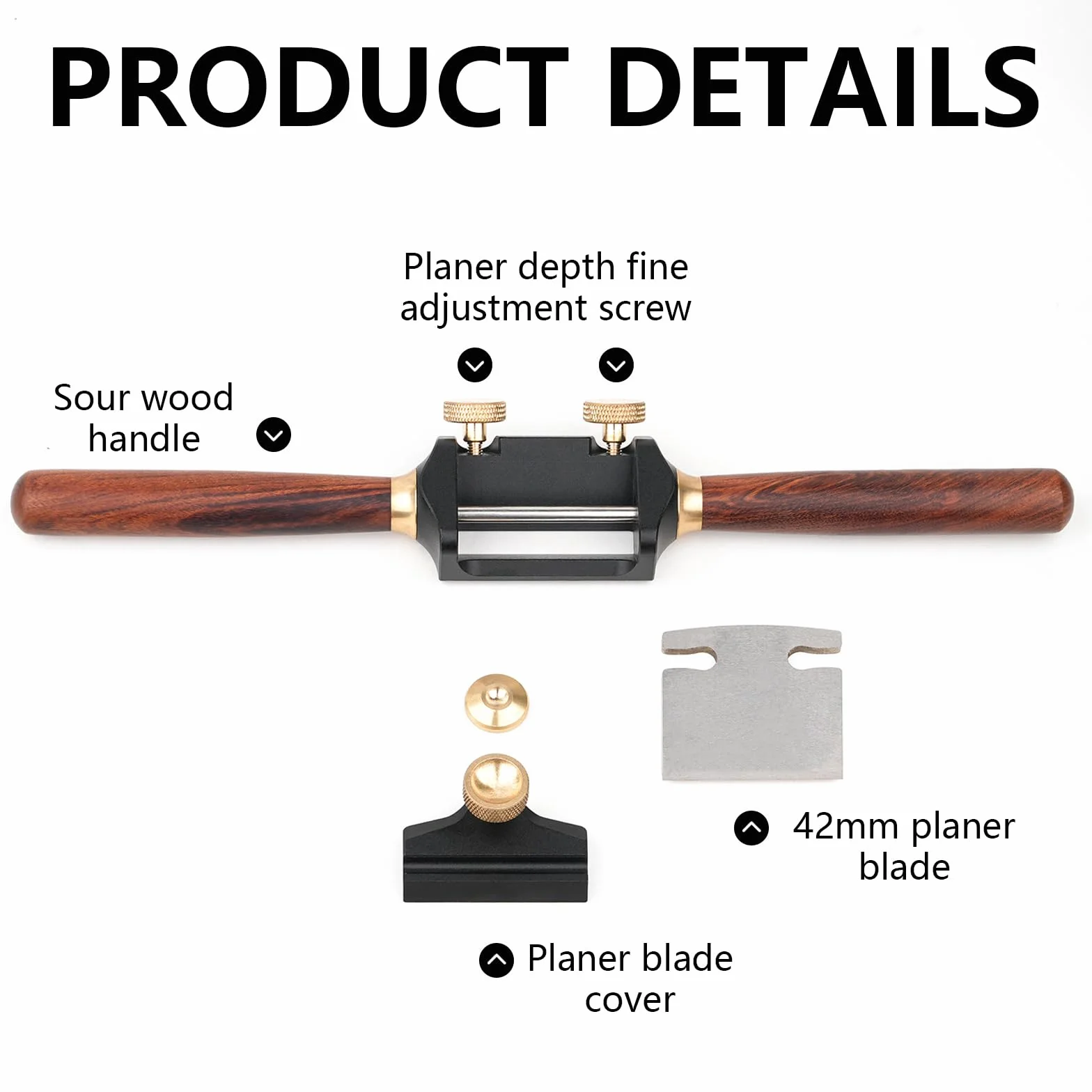 Pialla a Mano, Pialla da Taglio per Legno Strumento Manuale per Rifinitura Regolabile 210 mm Lmpugnatura in Palissandro Larghezza lama 42 mm Acciaio Inossidabile 440C