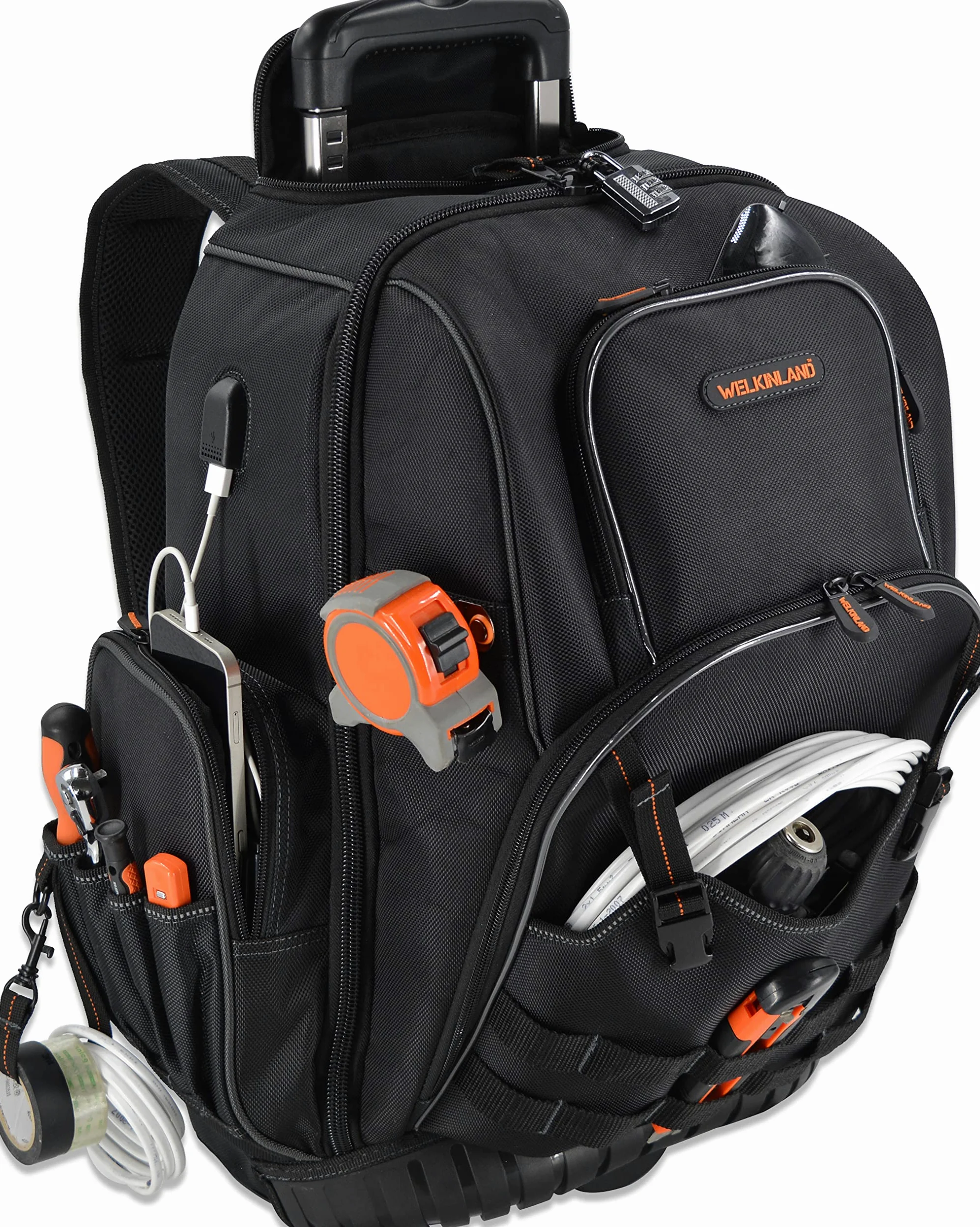 WELKINLAND Zaino porta attrezzi con 72 tasche e rotelle, Grande borsa porta attrezzi con ruote, Borsa porta attrezzi per elettricisti con rotelle per uomini