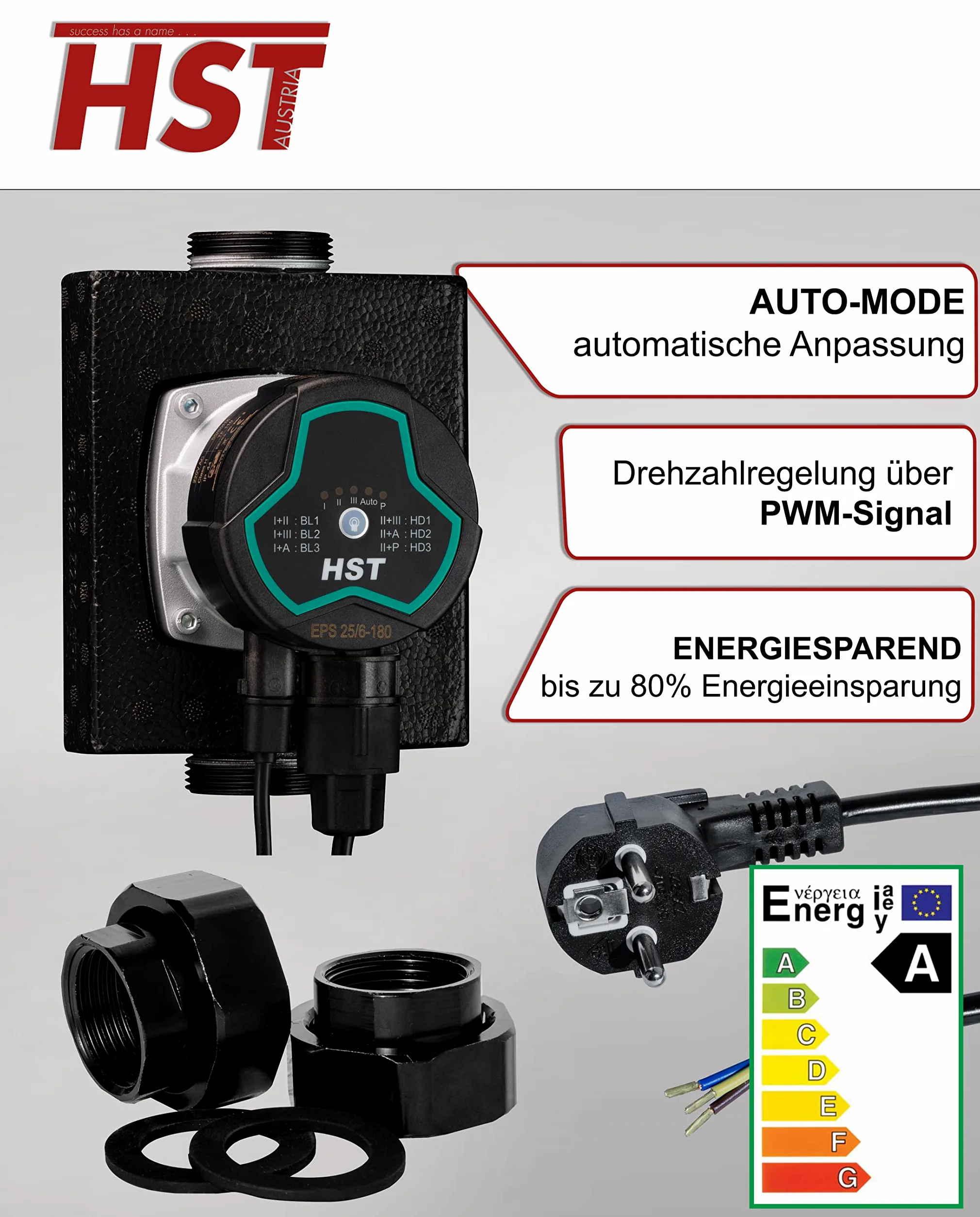 HST, pompa di riscaldamento ad alta efficienza, pompa di circolazione HST EPS 25-6/180 mm, altezza di mandata 6 metri, regolazione della velocità tramite segnale PWM