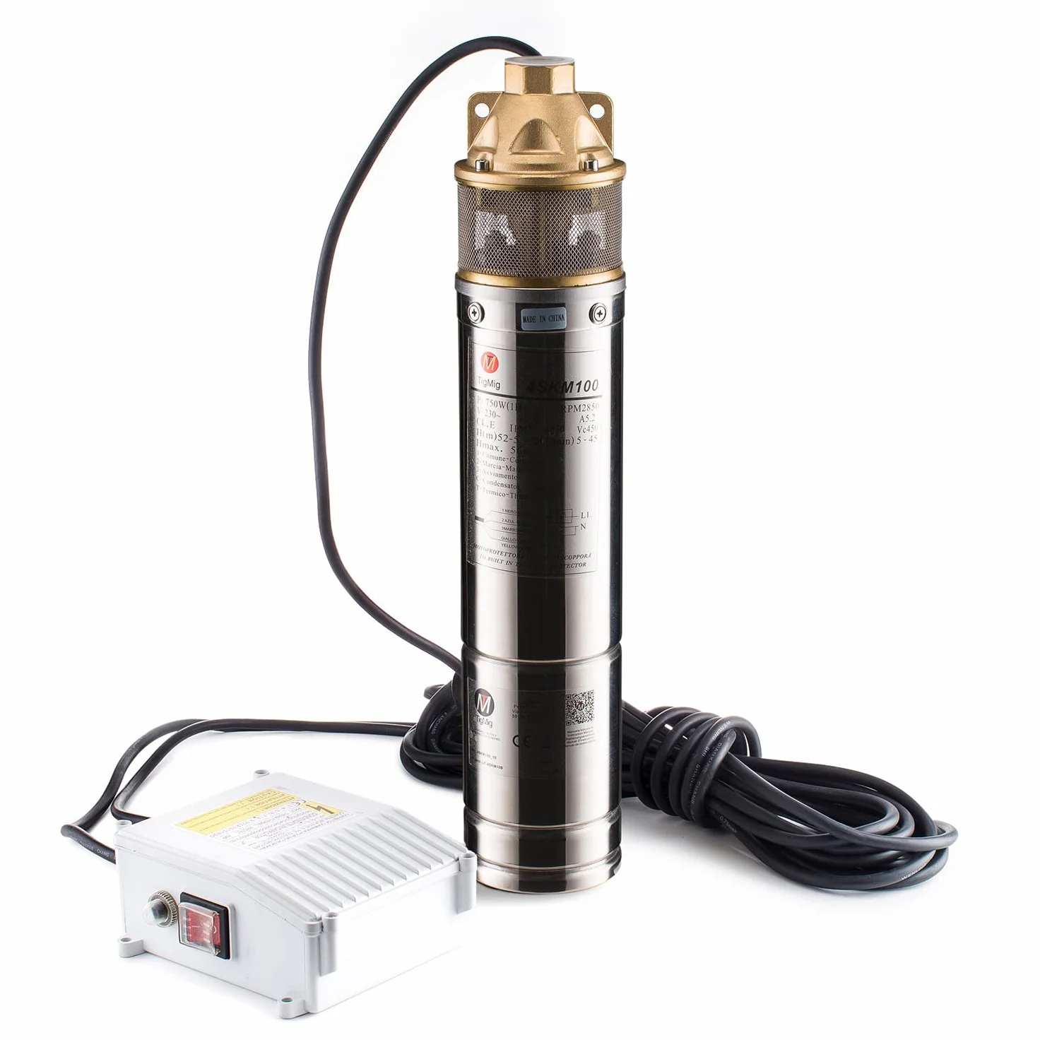 TIGMIG Pompa Sommersa Per Pozzi 750 W, 10m, Portata Max 2700 litri/h, Acciaio Inox 304, Protezione IP68, Pompa Immersione Sommergibile, Pozzi Profondi, Terreni Agricoli, Irrigazione, Drenaggio Cantine