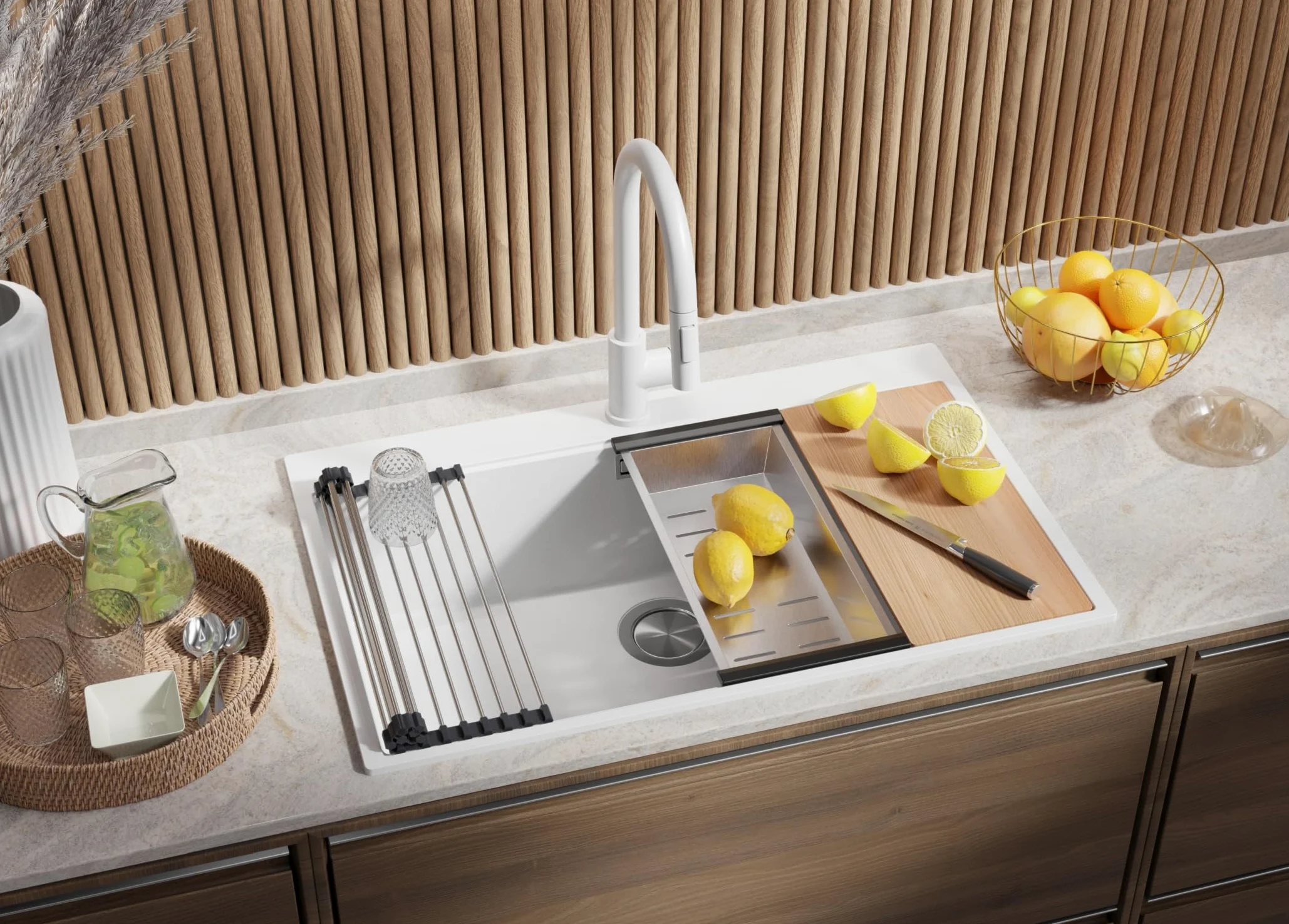 PRIMAGRAN Lavello da Cucina Bianco 78x50cm, Lavandino in Granito a 1 vasca + Set di accessori, Lavabo da Cucina Incasso al Mobile 80cm - Oslo Top S558
