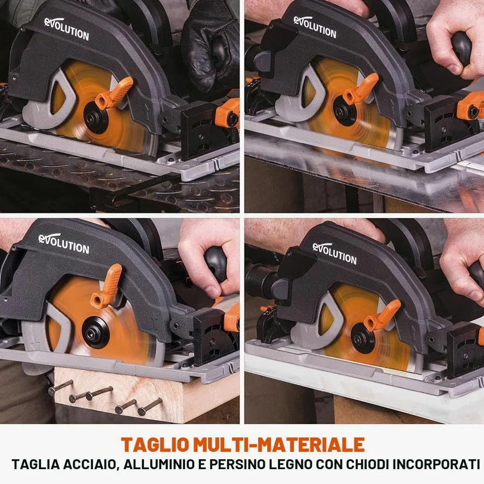 Evolution Power Tools - R185CCSX+ Sega Circolare Multi-Materiale 185 mm Compatibile con Binario Guida (Pacchetto Plus con Custodia da Trasporto), 230 V