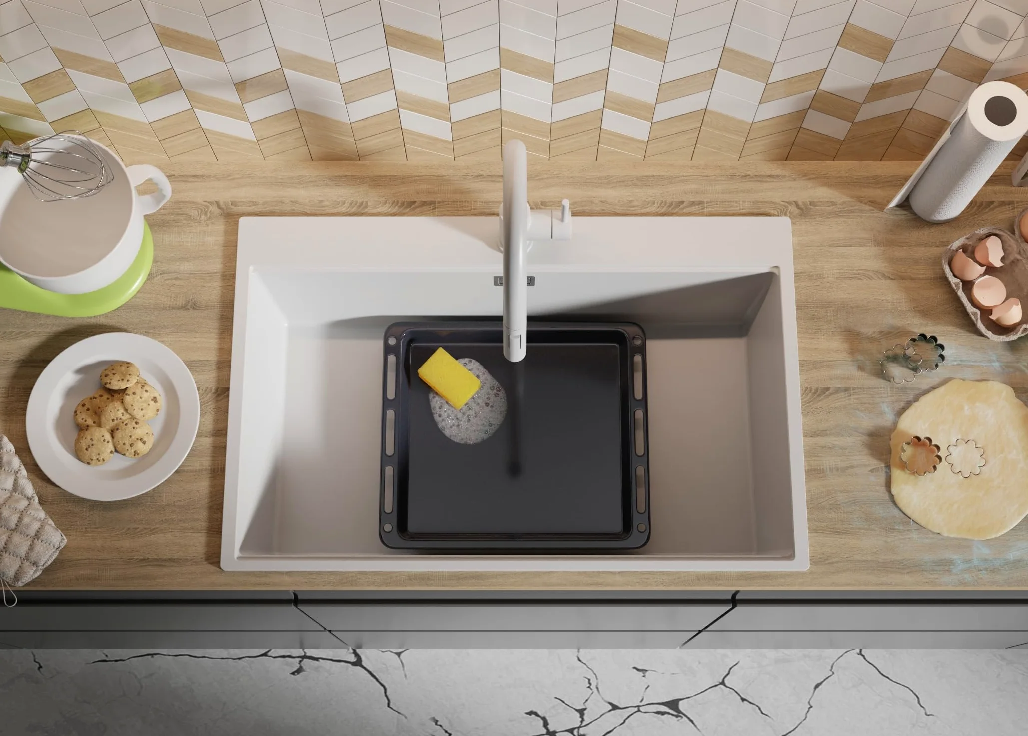 PRIMAGRAN Lavello da Cucina Bianco 78x50cm, Lavandino in Granito a 1 vasca + Set di accessori, Lavabo da Cucina Incasso al Mobile 80cm - Oslo Top S558