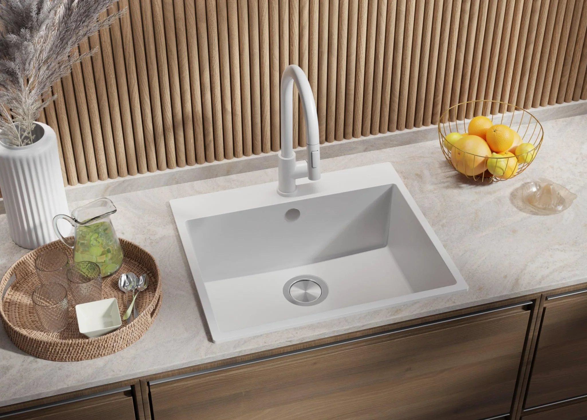 PRIMAGRAN Lavello da Cucina Tutto Bianco 58x50cm, Lavandino in Granito a 1 vasca + Sifone Classico, Lavabo da Cucina Incasso al Mobile 60cm - Riga S312