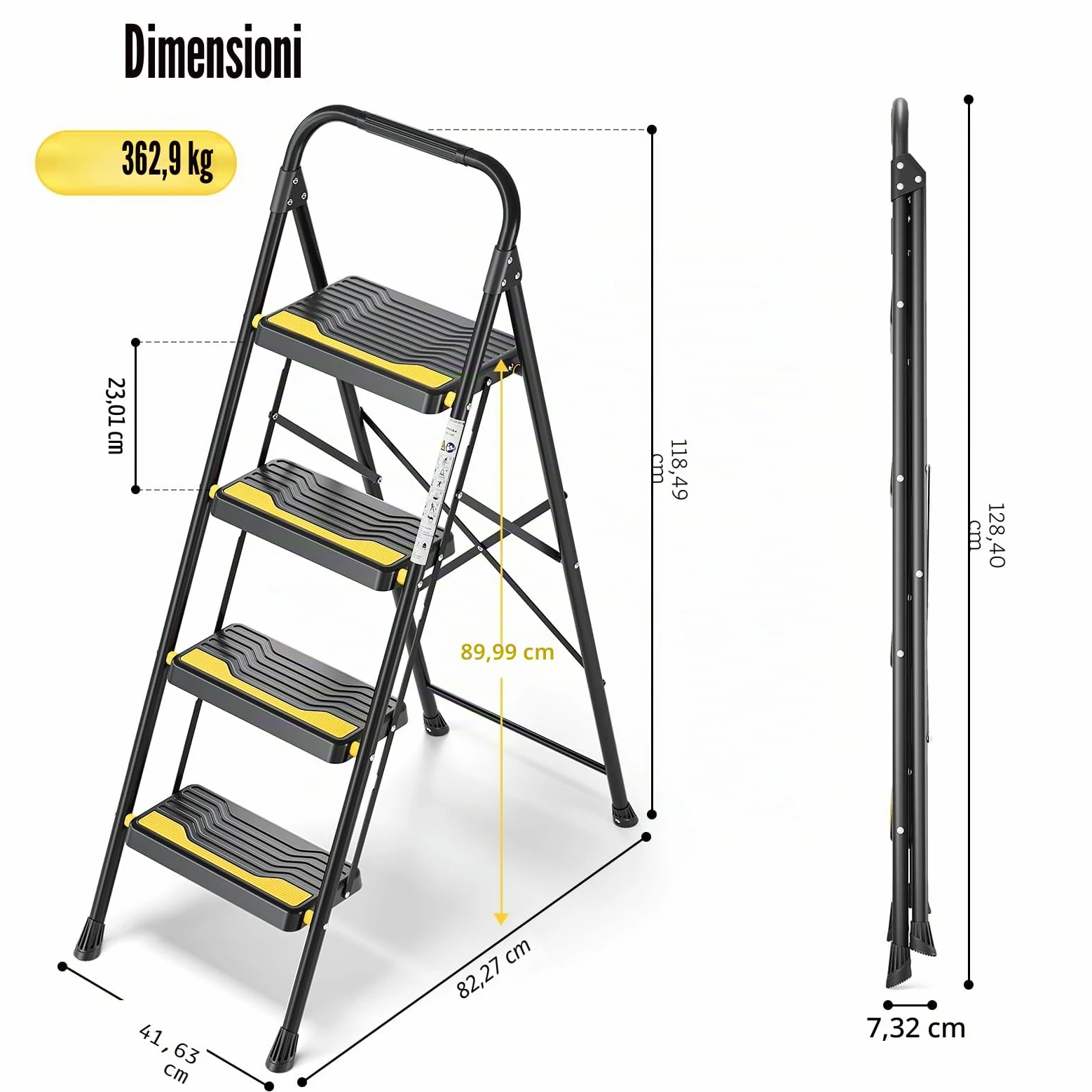 Urackify Scala a 4 gradini, resistente capacità di 150 kg, ampi gradini antiscivolo e corrimano sicuro, compatto, pieghevole, design portatile per casa, cucina, ufficio, dispensa, armadio, nero