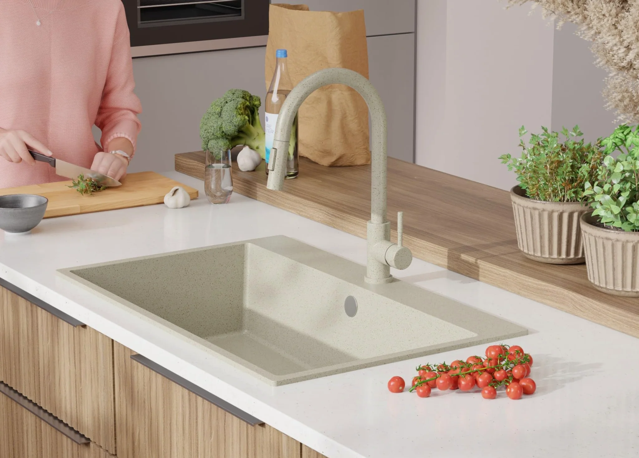 Lavello da Cucina Beige 78x50cm, Lavandino da Cucina a 1 vasca + Sifone Classico, Lavabo da Cucina Incasso al mobile 80cm - Riga di Primagran