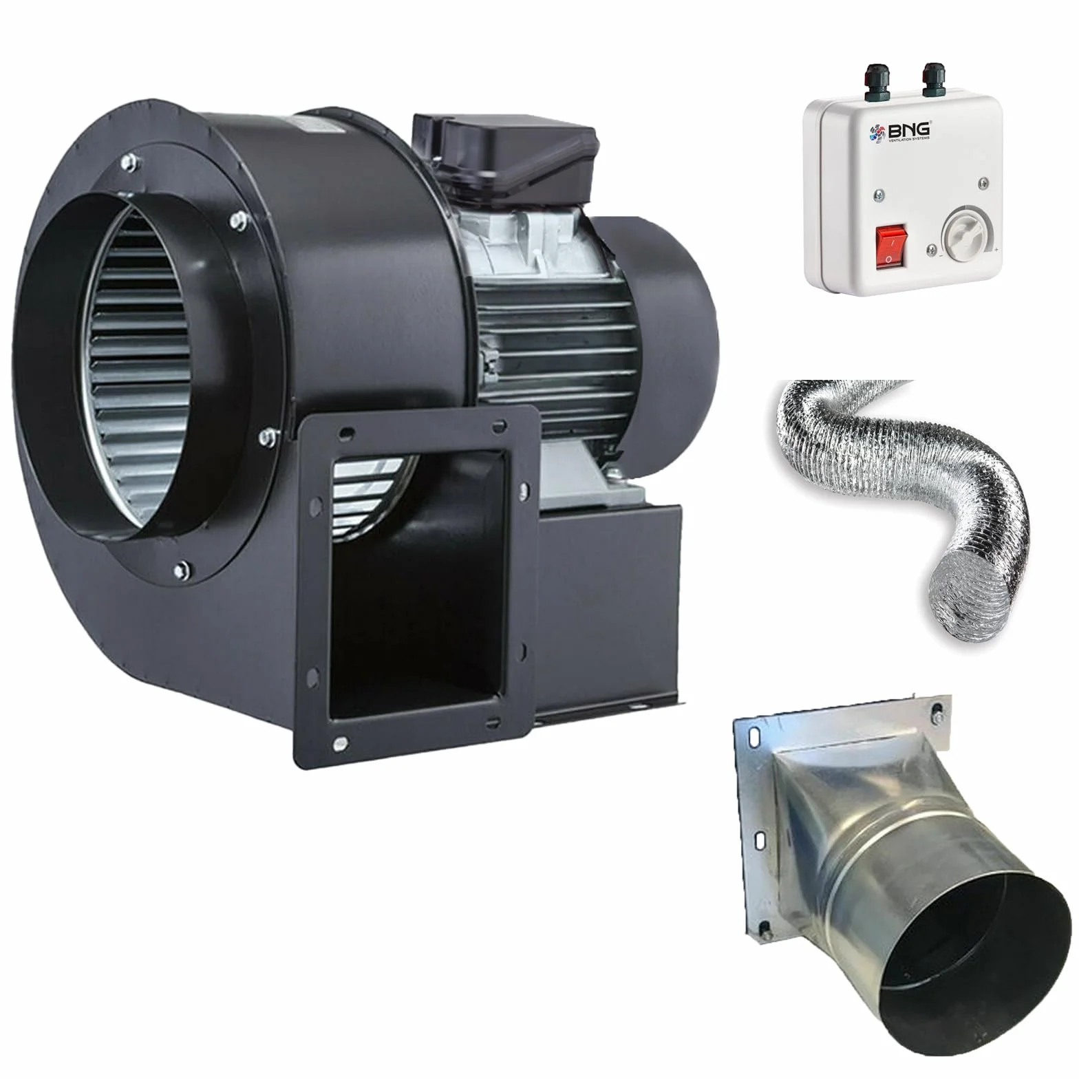 BVN VENTILATION SYSTEMS & ELECTRICAL MOTORS - Turbo Ventilatore radiale centrifugo 1800 m3/h 230 V + tubo flessibile + regolatore di aspirazione dell'aria Ventilatore radiale Ventilatore centrifugo