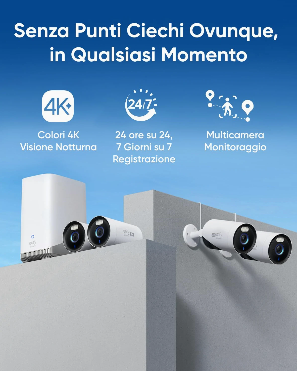 eufy Security eufyCam E330 (Pro) kit 4 telecamere, telecamere esterni 4K, registraz, 24/7, plug-in, NVR Wi-Fi, disco rigido 1 TB incluso, 10 canali, archiv. locale, nessun costo mensile