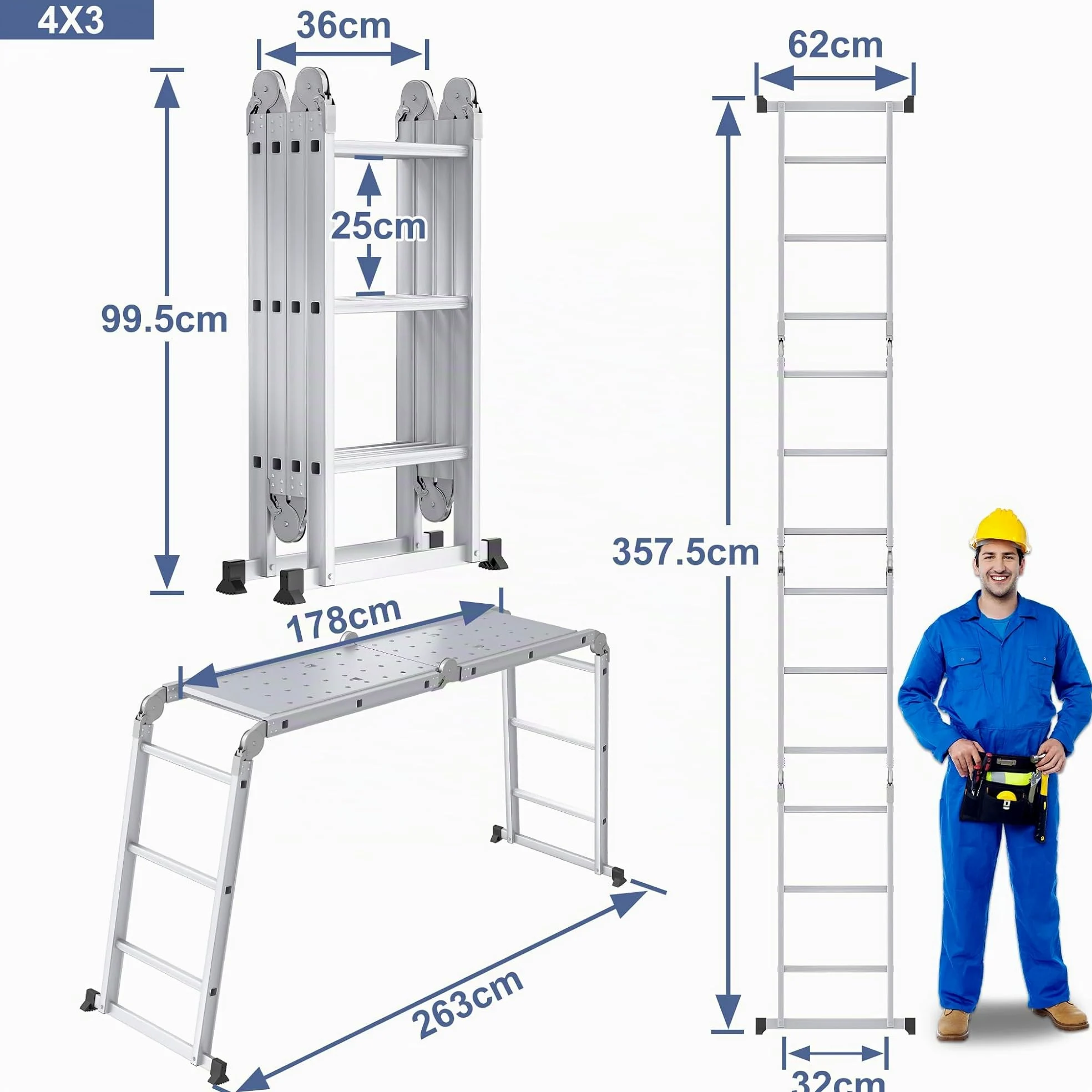 UISEBRT - Scala multiuso pieghevole 4 x 3 in alluminio con piattaforma, 6 in 1, 340 cm, fino a 150 kg, colore: argento