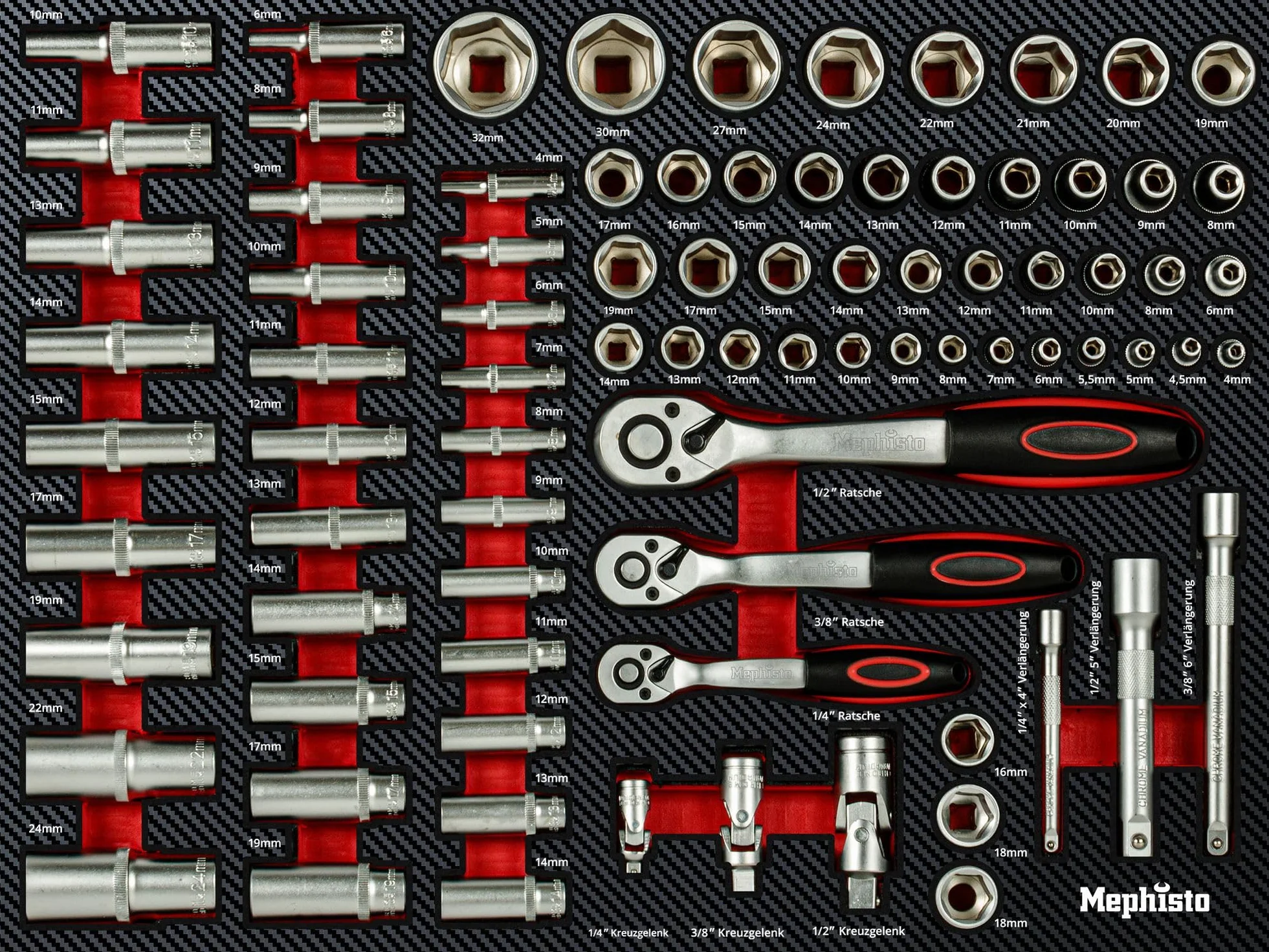 Mephisto 7 inserti con utensili come set di cricchetti, chiave ad anello a cricchetto, chiave ad anello con funzione di cricchetto, chiave a cricchetto, metrica, in inserti morbidi