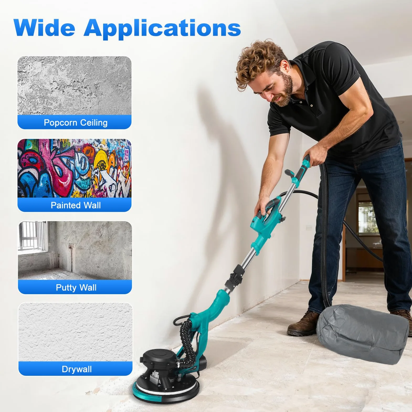 levigatrice per muro 850W telescopic giraffa levigatrice 800–2100 giri/min 5 velocità regolabili Testa di rettifica Ø 215mm e inclinabile di 90° levigatrices muro con luce LED
