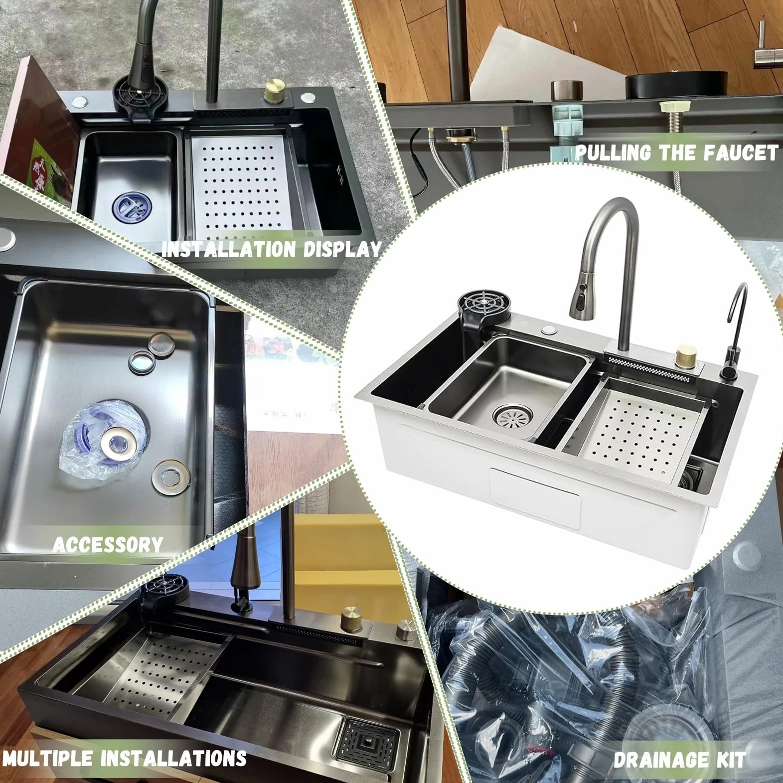 Lavello da cucina nero in acciaio inox - Stazione di lavoro multifunzione con rubinetto a cascata estraibile, lavastoviglie ad alta pressione, tagliere, sifone