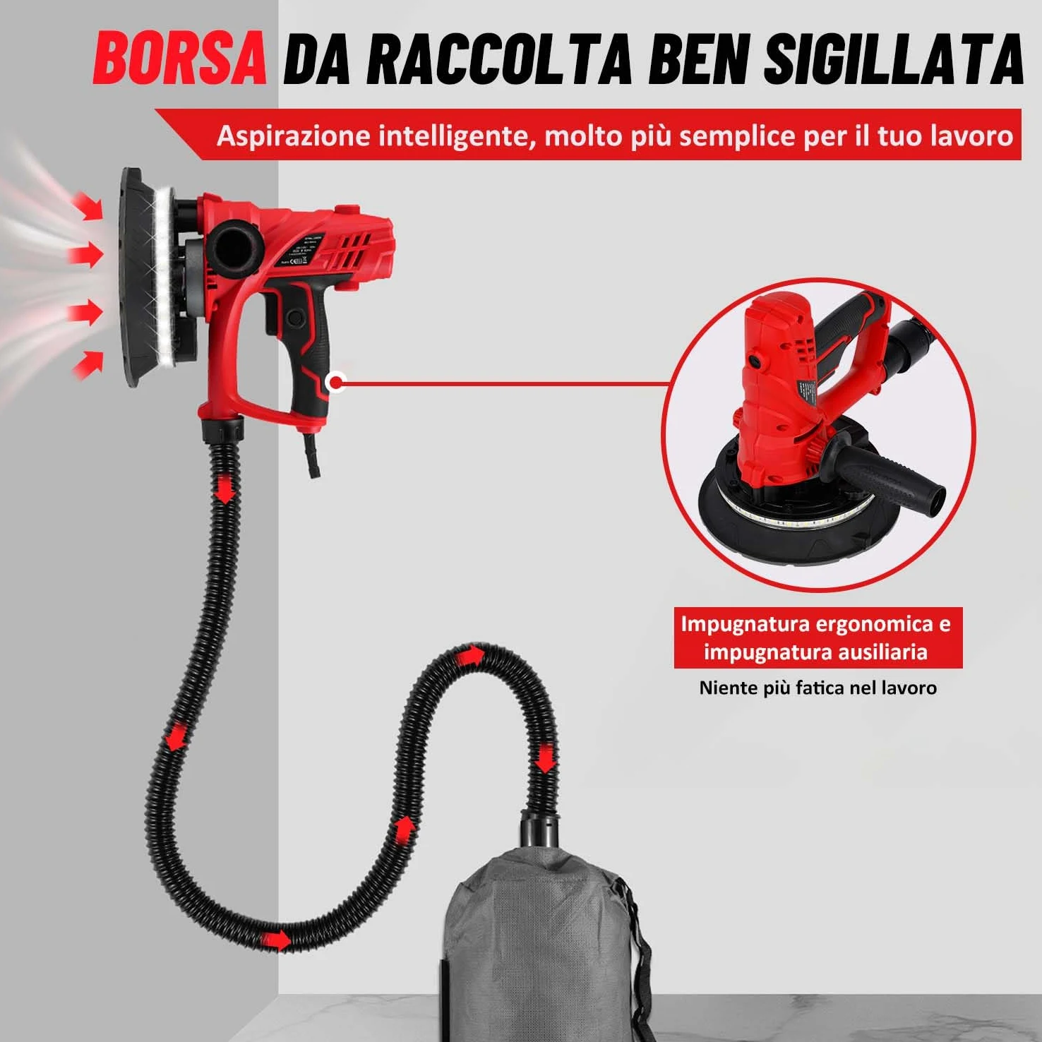 Geevorks Levigatrice per Muro, 850W Levigatrice a Secco Velocità Variabile 1500-2600 Giri al Minuto, Aspirazione Polvere Automatica con Luce a LED, Doppio Manico, Sacco di Raccolta e12 Dischi Abrasivi
