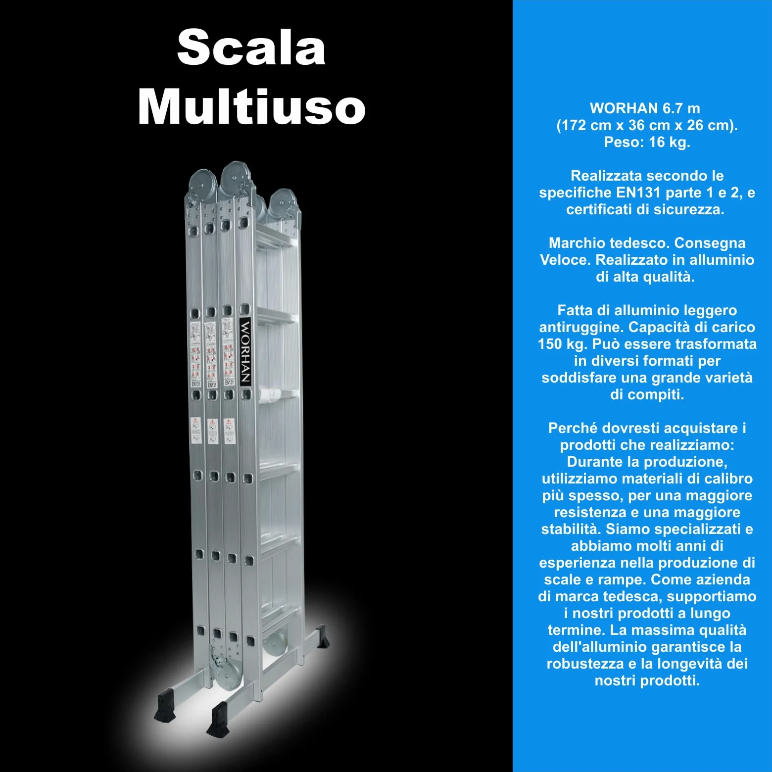 SCALA MULTIUSO IN ALLUMINIO 6.7m PIEGHEVOLE MULTI POSIZIONE 14 FUNZIONI CON STABILIZZATORI KS6.7