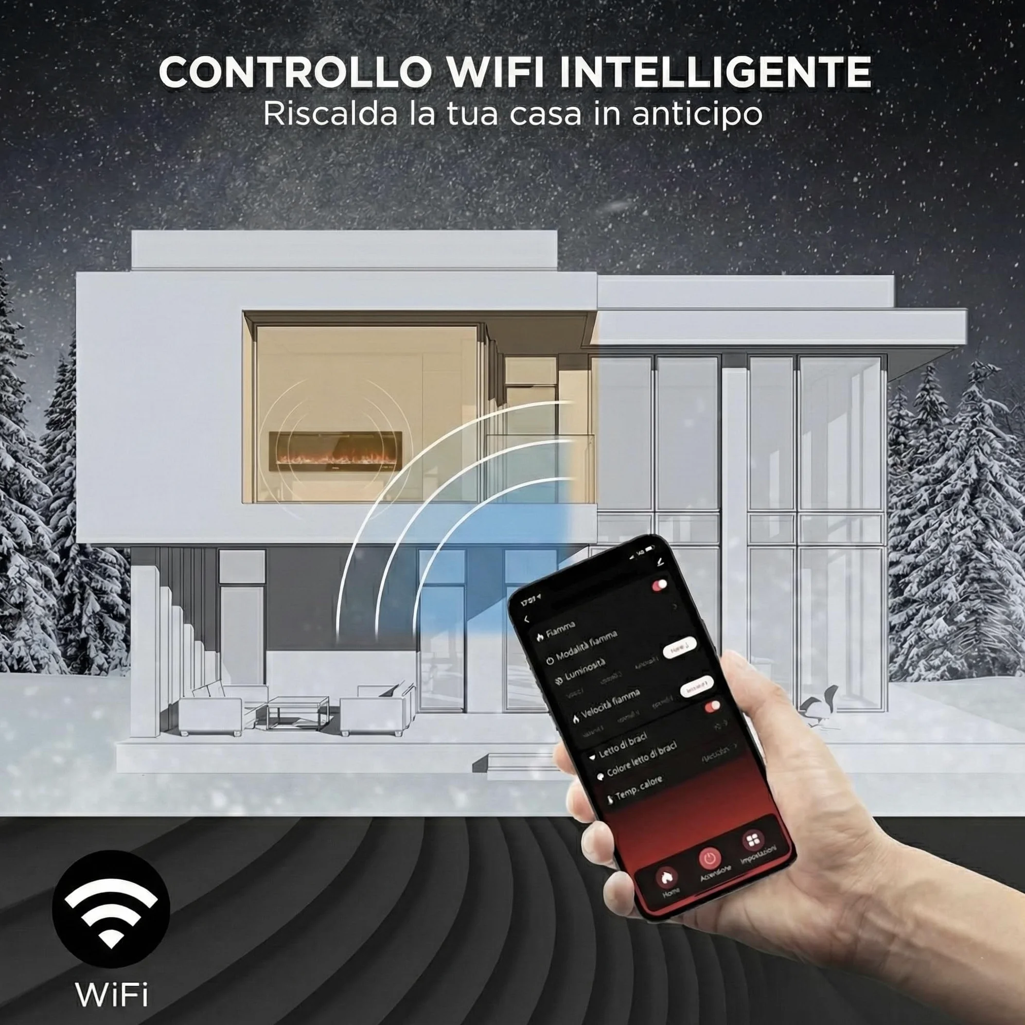Camino Elettrico da Parete Weka Fireplace Wi-Fi, Ultrasottile, Profondo 7,5 cm, Vetro Temperato, Telecomando e Touch Screen, Riscaldatore da 750/1500 W, Effetto Fiamma Regolabile (127 cm WiFi New)