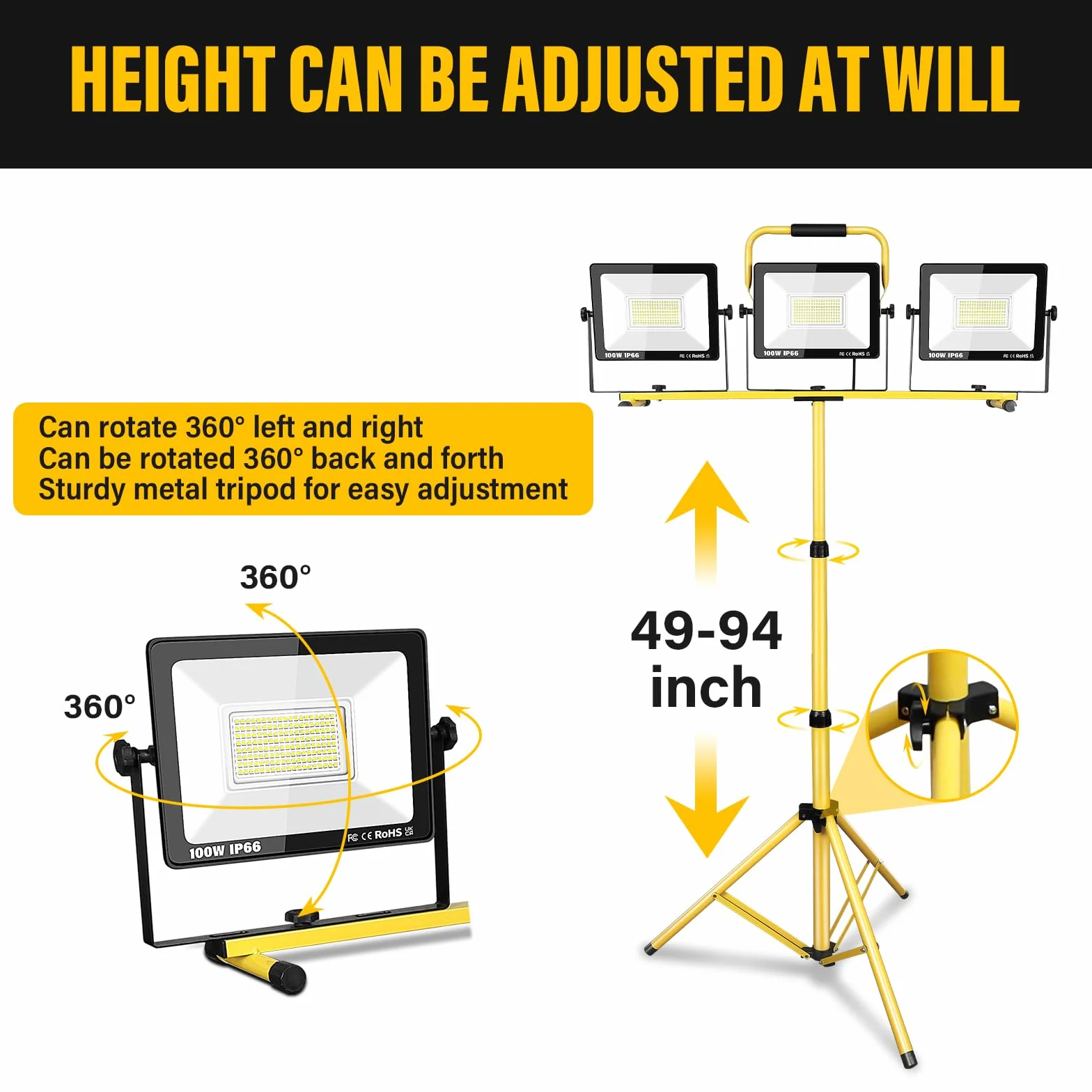 3 x 100W LED Faretto da cantiere con treppiede, 30000LM 175V a 265V IP66 Impermeabile Lampada da lavoro a LED per interni ed esterni con cavo da 5 m per officina, garage, cantiere, seminterrato