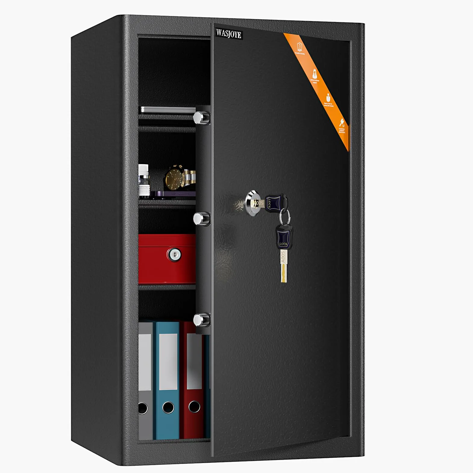 WASJOYE Cassaforte con Chiave, Cassaforte a Muro con Serratura 2 Chiaves (63×37×31cm), Cassetta di Sicurezza da Pavimento, Casa/Ufficio Casseforti da Armadio per Soldi Telefono Medicina Passaporto