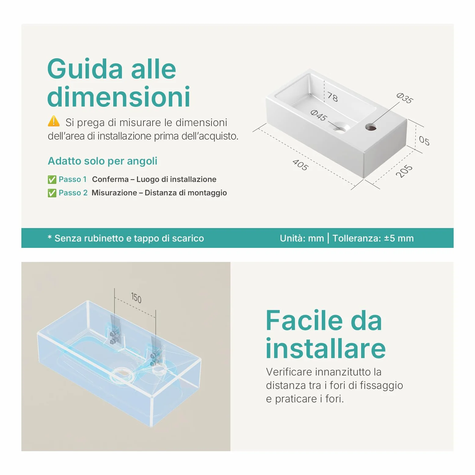EMKE Lavabo Sospeso 405 x 205 x 105 mm – Lavabo Compatto ed Elegante per Piccoli Bagni e WC Ospiti – Rubinetto a Destra, Installazione a Parete,Bianco Lucido