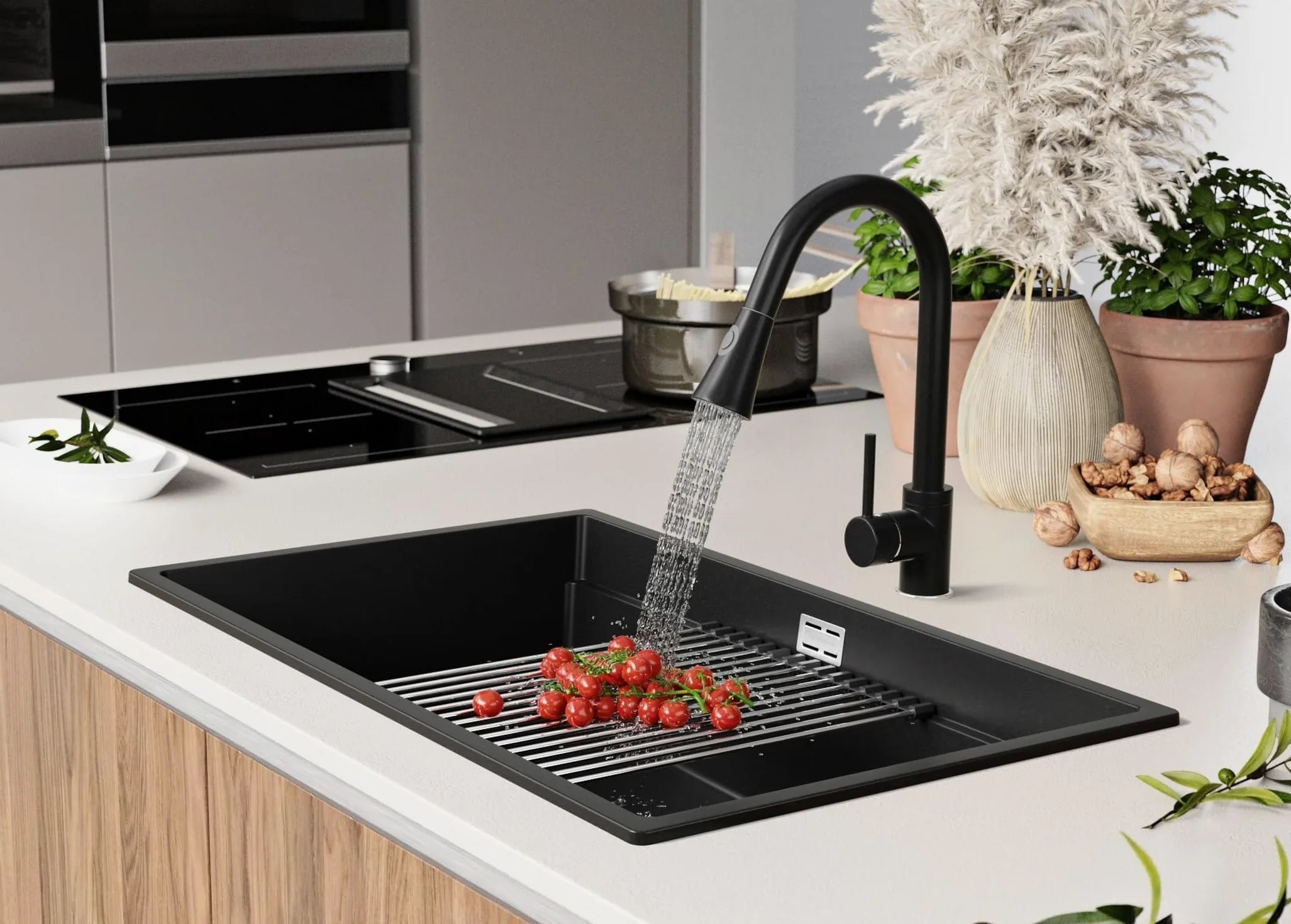 PRIMAGRAN Lavello da Cucina Tutto Nero 76x47cm, Lavandino in Granito a 1 vasca + Set di accessori, Lavabo da Cucina Incasso al Mobile 80cm - Prague Level Slim S547