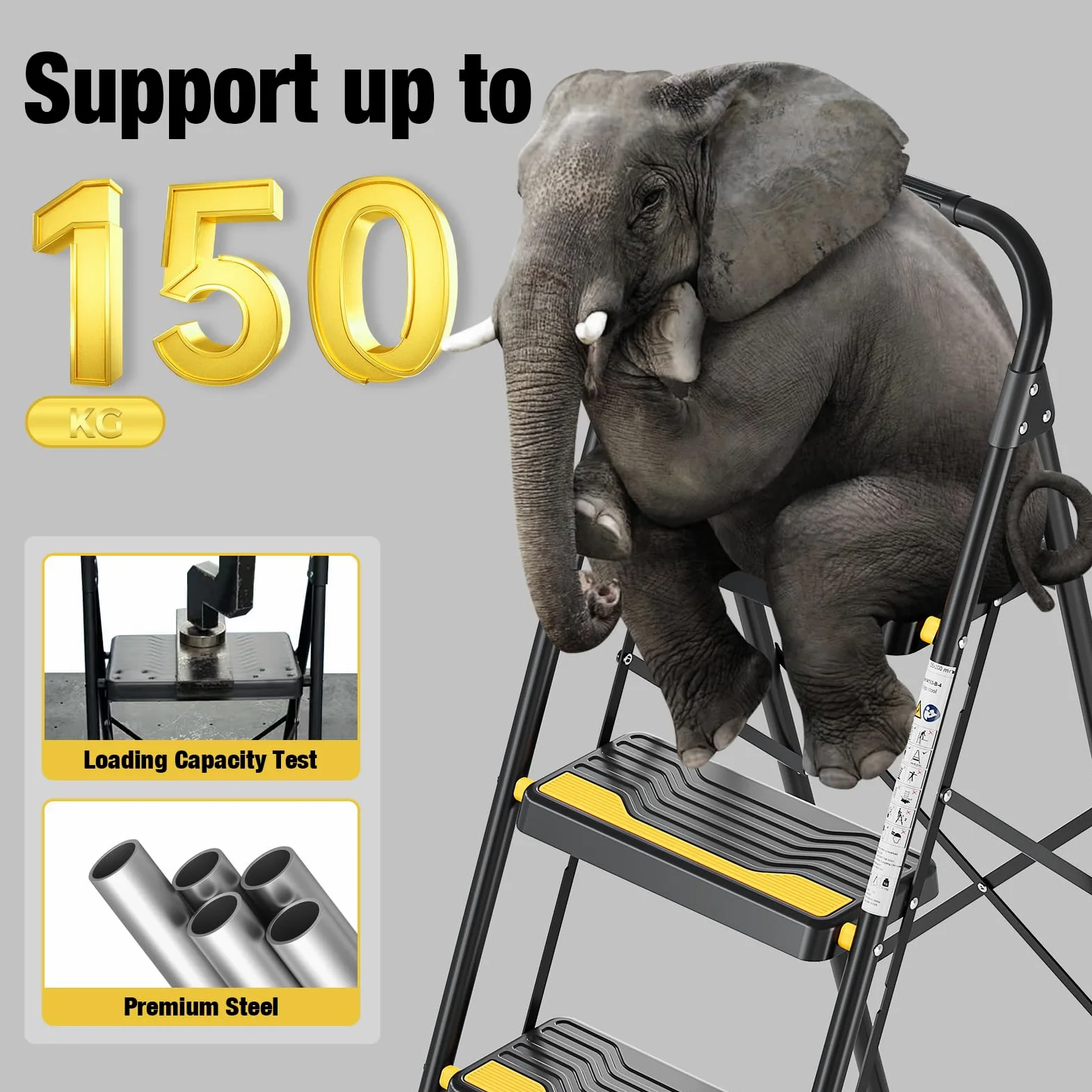 Urackify Scala a 4 gradini, resistente capacità di 150 kg, ampi gradini antiscivolo e corrimano sicuro, compatto, pieghevole, design portatile per casa, cucina, ufficio, dispensa, armadio, nero