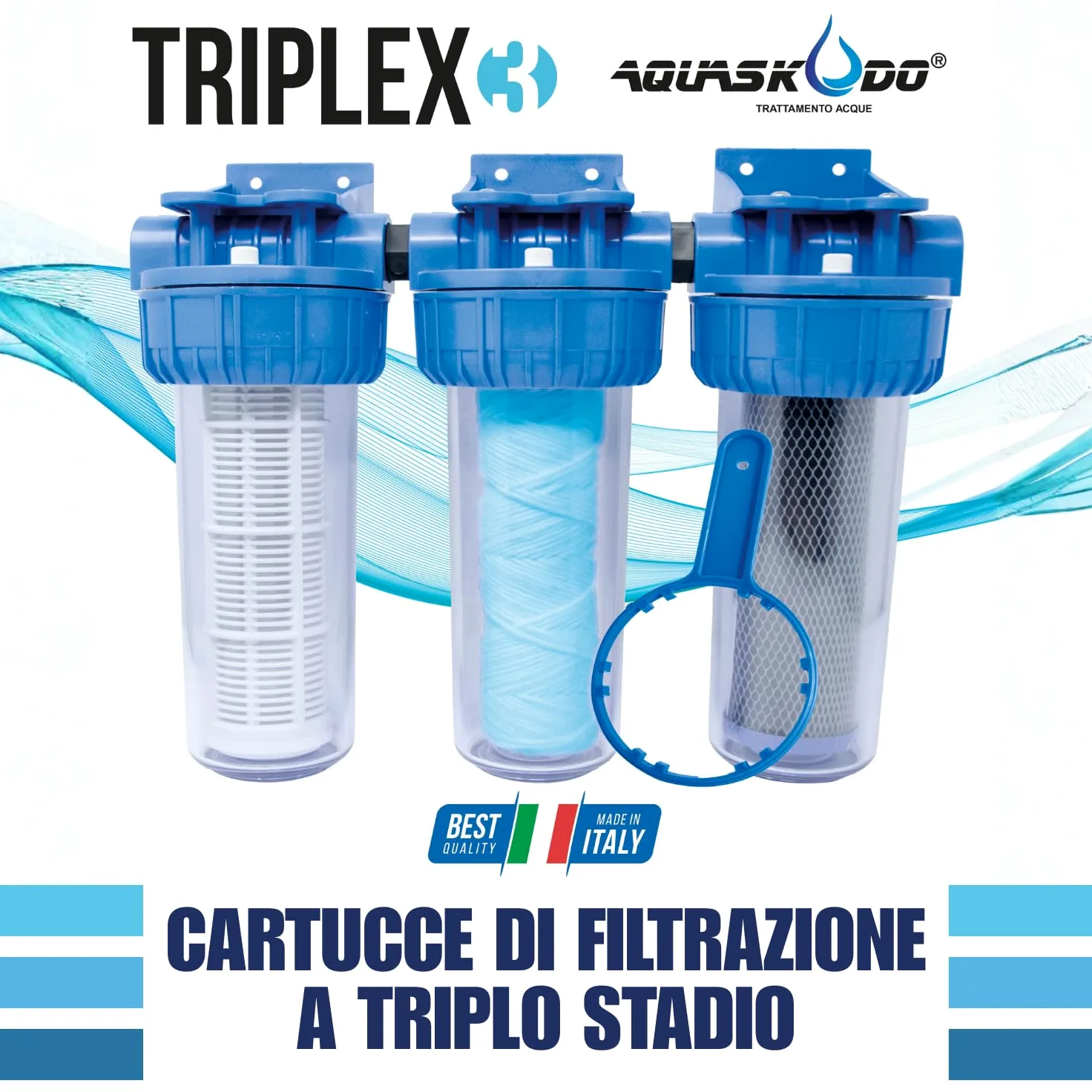 AQUASKUDO Filtro Acqua Rubinetto tre Stadi 3/4, Kit Filtro Acqua Sotto Lavello Made in Italy - Depuratore Acqua Domestico, Contenitore Filtri Anticalcare e Carboni Attivi