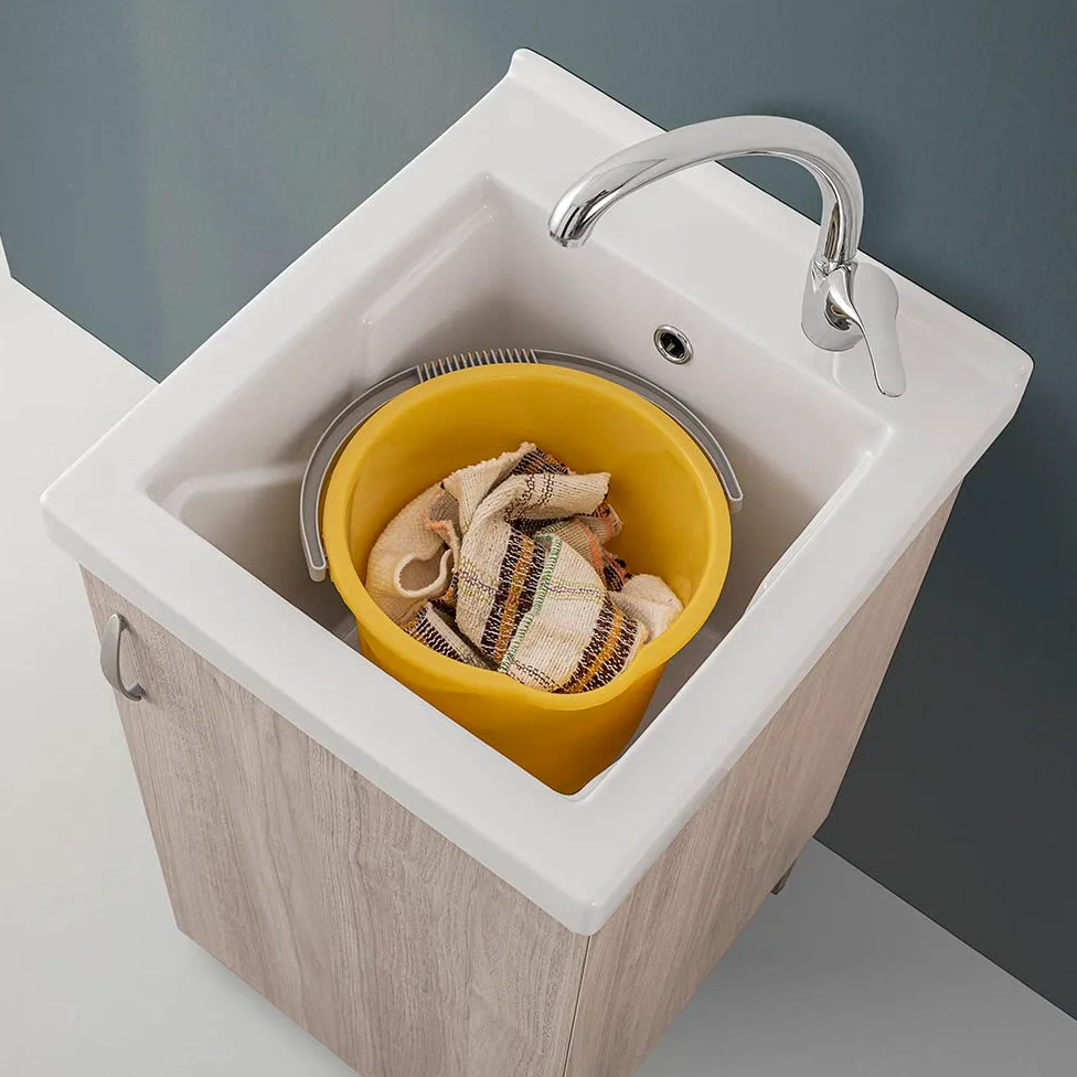 Mobile lavatoio Lavanderia in Legno con Vasca in Ceramica Resistente agli acidi, Completo di Kit sifone + piletta (Olmo, 45x50 cm 1 Anta)