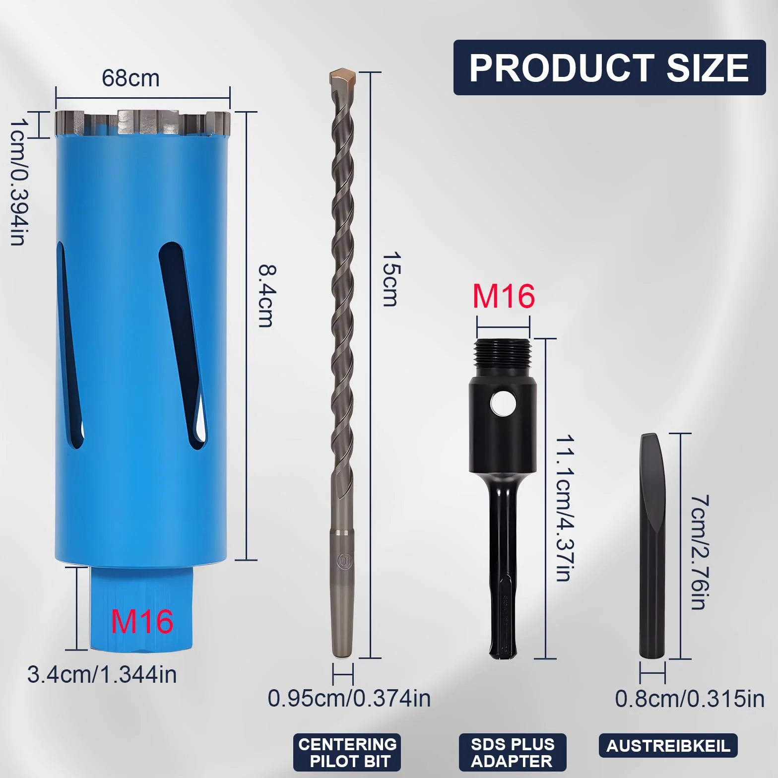Punta diamantata M16, diametro 68 mm, per trapano a nucleo, 110 mm, con turbo, trapano diamantato SDS-Plus per martello perforatore, trapano a secco per calcestruzzo