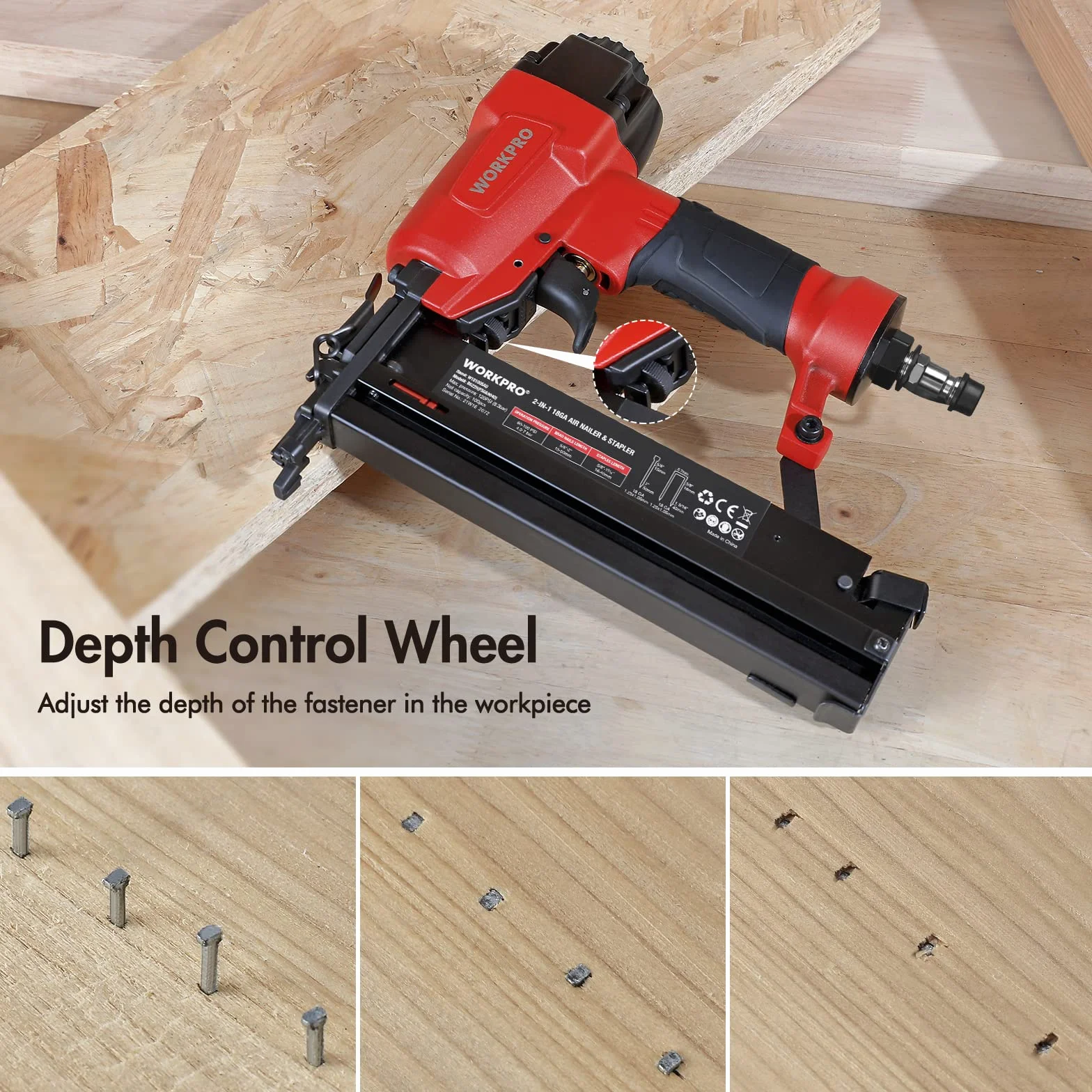 WORKPRO Chiodatrice Pneumatica 2 in 1, 18GA 9040/F50 Sparachiodi Aria Compressa max 7,1 bar con 400 Chiodi e 300 Graffette, Adatto per la fabbricazione di mobili, decorazione d'interni ecc