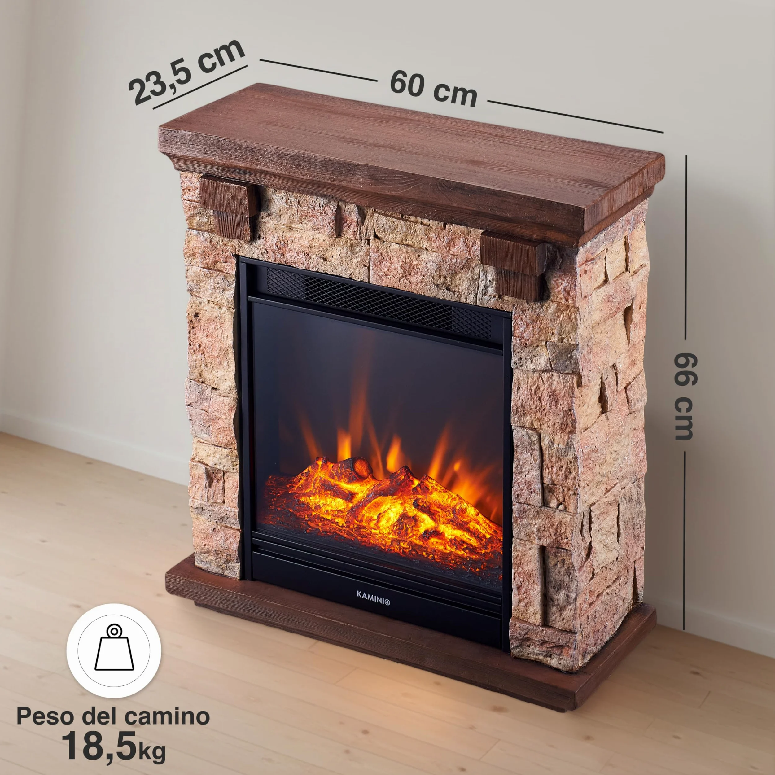 KAMINIO Camino elettrico Juan - Caminetto elettrico a pavimento in effetto pietra con riscaldamento, effetto fiamma 3D, telecomando (Beige)