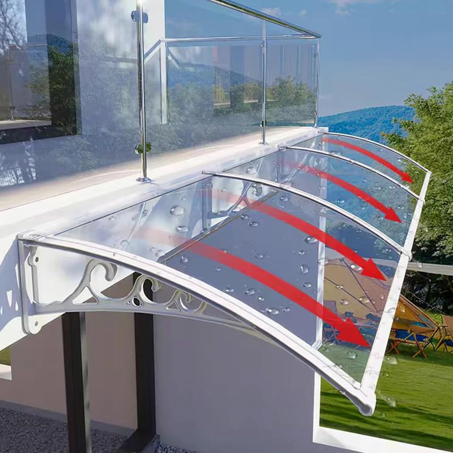 Pensilina da Esterno Moderna,Tettoia per Porta e Ingresso,Tendalino per Finestra,con Staffa Nera/Bianca/Grigia/Oro,Tenda da Veranda Misura 151,Tetto Policarbonato (80x160cm/32"x63",White)