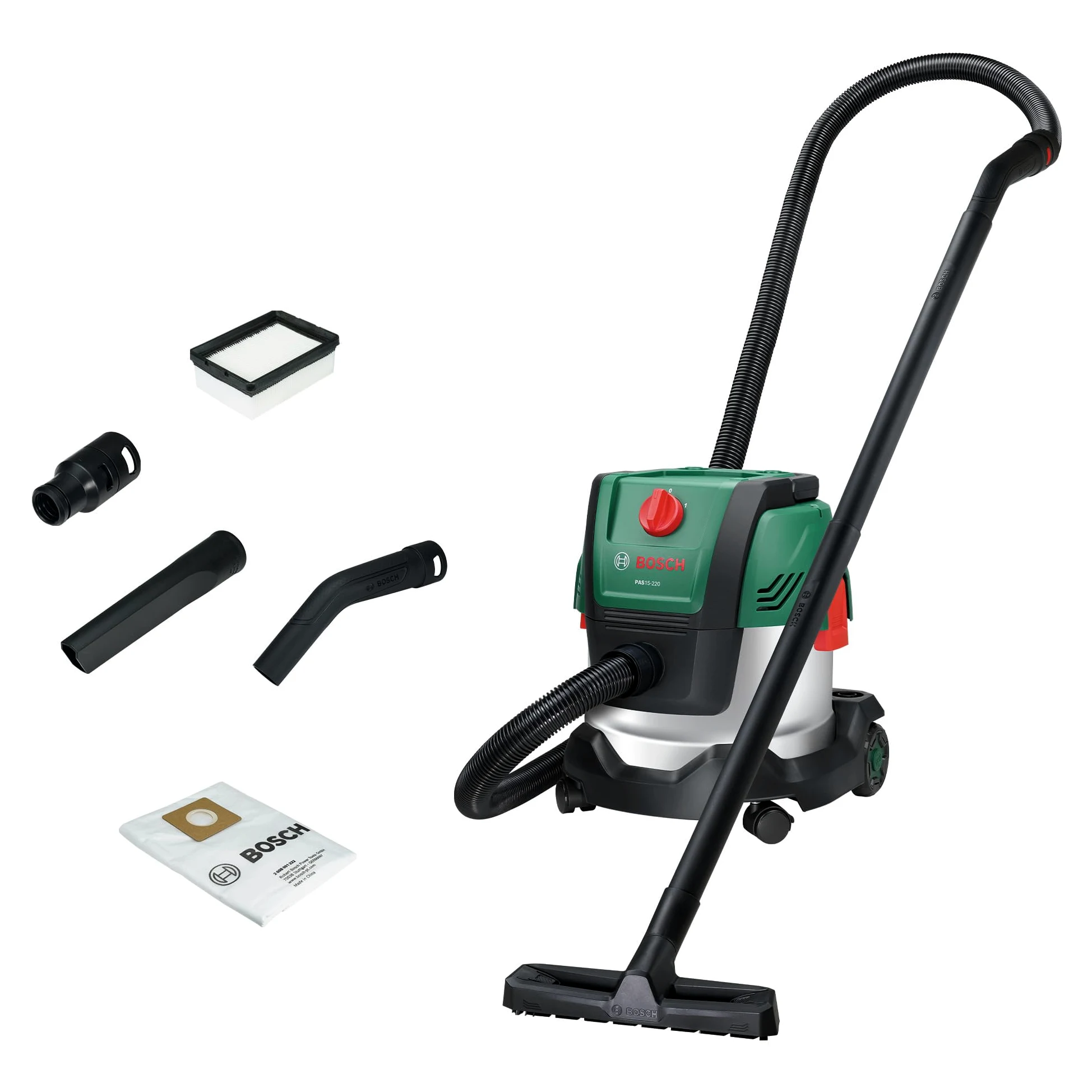 Bosch Aspirapolvere a filo PAS15-220 (Tubi di prolunga, tubo di aspirazione 2,2 m, tubo a gomito/impugnatura, bocchette, borsa in tessuto (Uni), filtro plissettato piatto, UniversalAdapter)