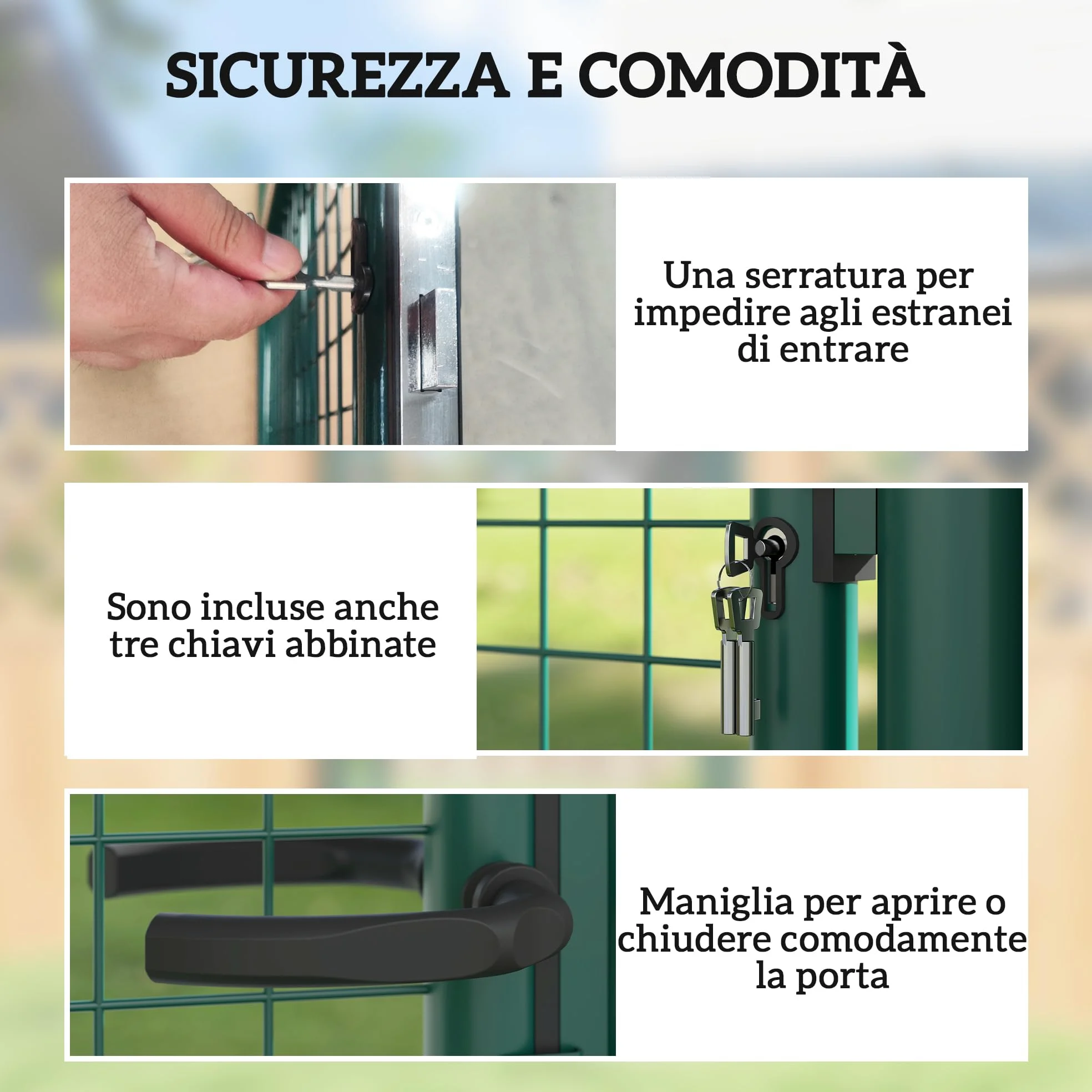 Outsunny Cancello da Giardino in Acciaio 97x200 cm, Cancelletto da Giardino con Serratura, 3 Chiavi, Maniglia e 2 Pali, Cancello Esterno per Ingresso Cortile e Terrazzo, Verde