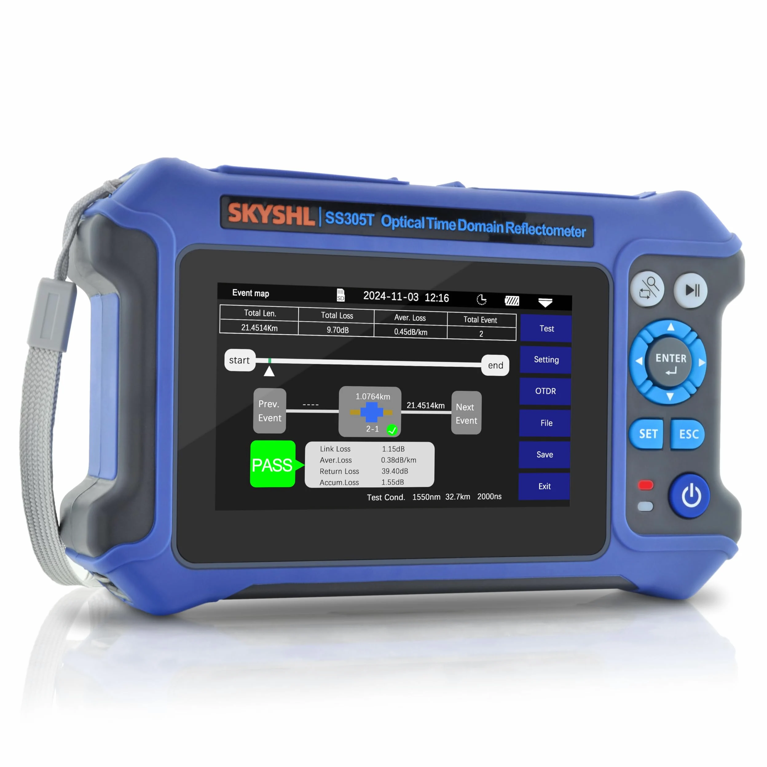 1310nm/28dB+1550nm/26dB SM Fibra OTDR Tester con OPM+10G OPM+OLS+VFL+Mappa degli Eventi+Tester di perdita+Test Multifibre+Test RJ45 con APC&UPC SC+FC+ST+LC-SS305T-2A1