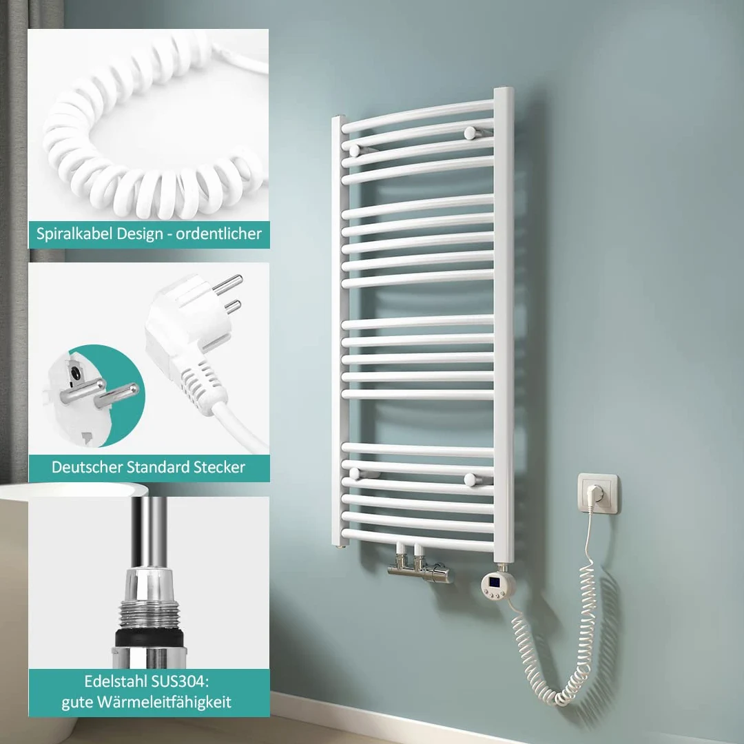EMKE Barra riscaldante con termostato da 600 W, Colore Bianco, Elemento riscaldante per termosifoni da Bagno con Schermo LCD, Cartuccia riscaldante in Acciaio Inox, Adatta per radiatori
