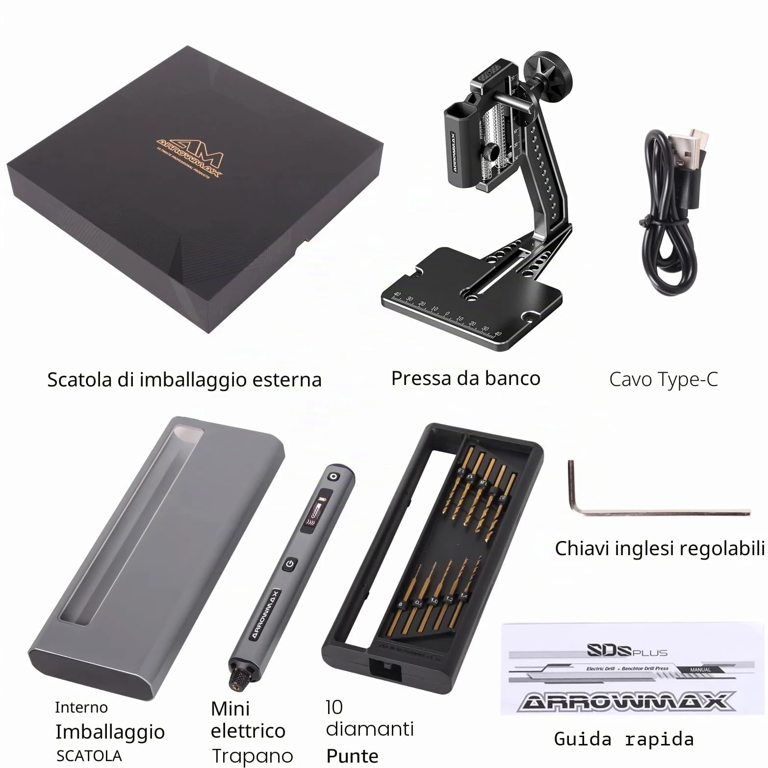 Mini trapano elettrico a 5 velocità con pressa da banco Hedgehog, 10 punte piccole ARROWMAX con scatola in alluminio, display OLED, luci LED, mandrino autoserrante da 3/32 pollici (SDS ULTRA PLUS)