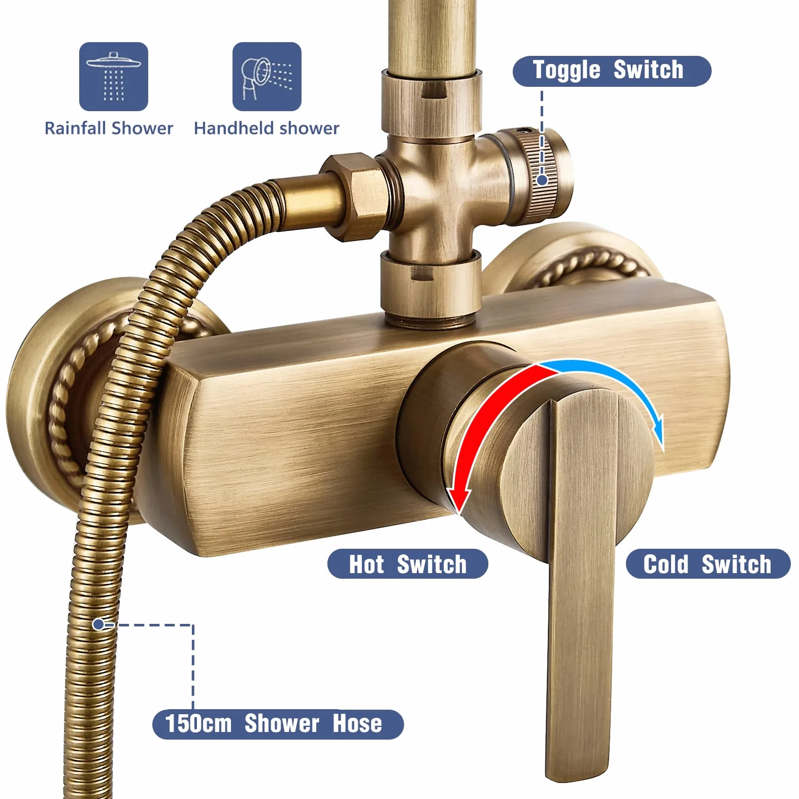 Sistema doccia con rubinetto in ottone anticato Set completo Retro Globe Set doccia Set doccia completo Set doccia a pioggia 8 "Set doccia a pioggia regolabile Altezza 70-120 cm